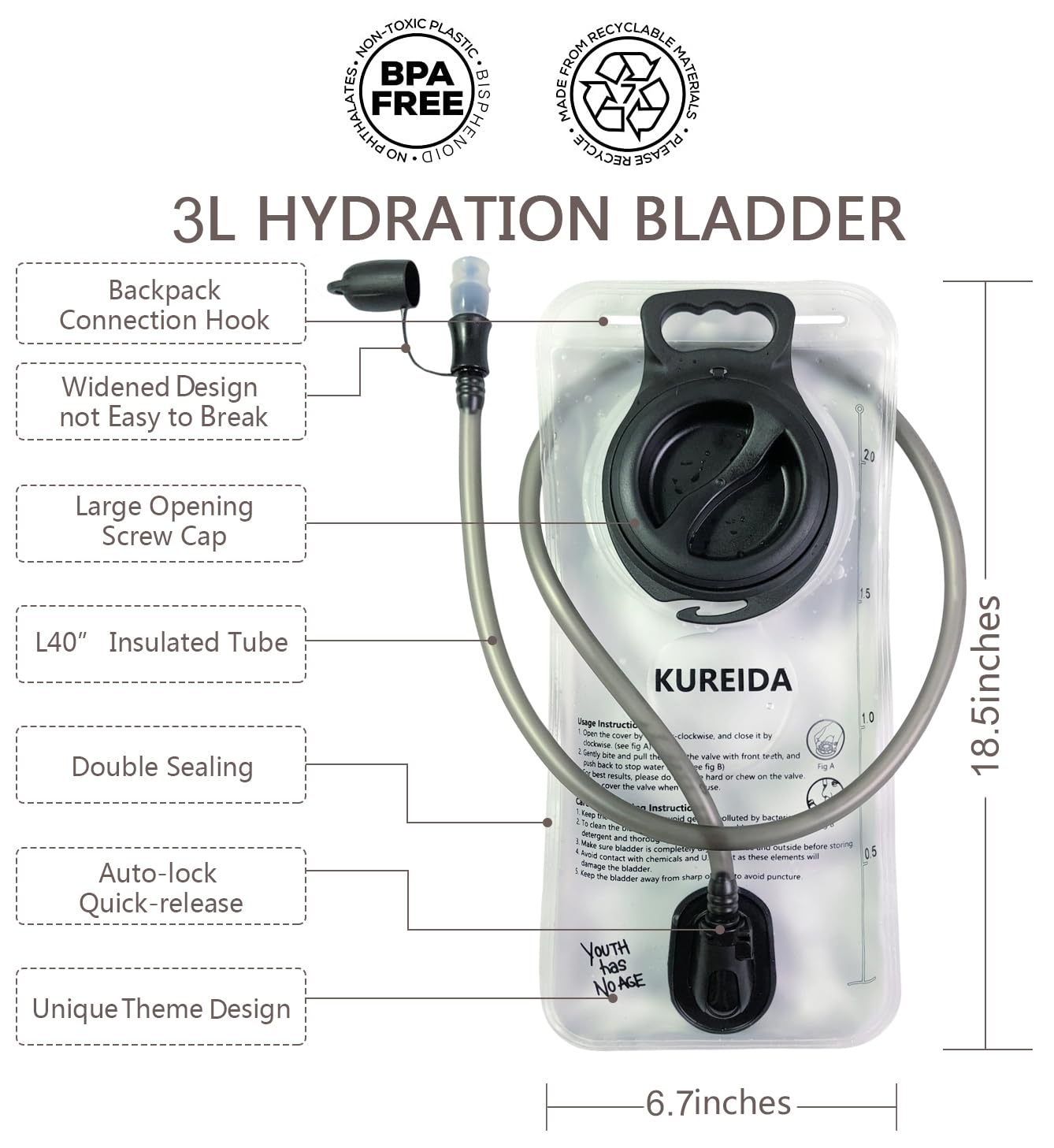 KUREIDA Hydration Bladder 3 Liter Leak Proof Water Reservoir,BPA Free,Wide Opening,Military Water Bladder Combined with Hydration Backpacks for Biking Hiking Running Camping Climbing.White