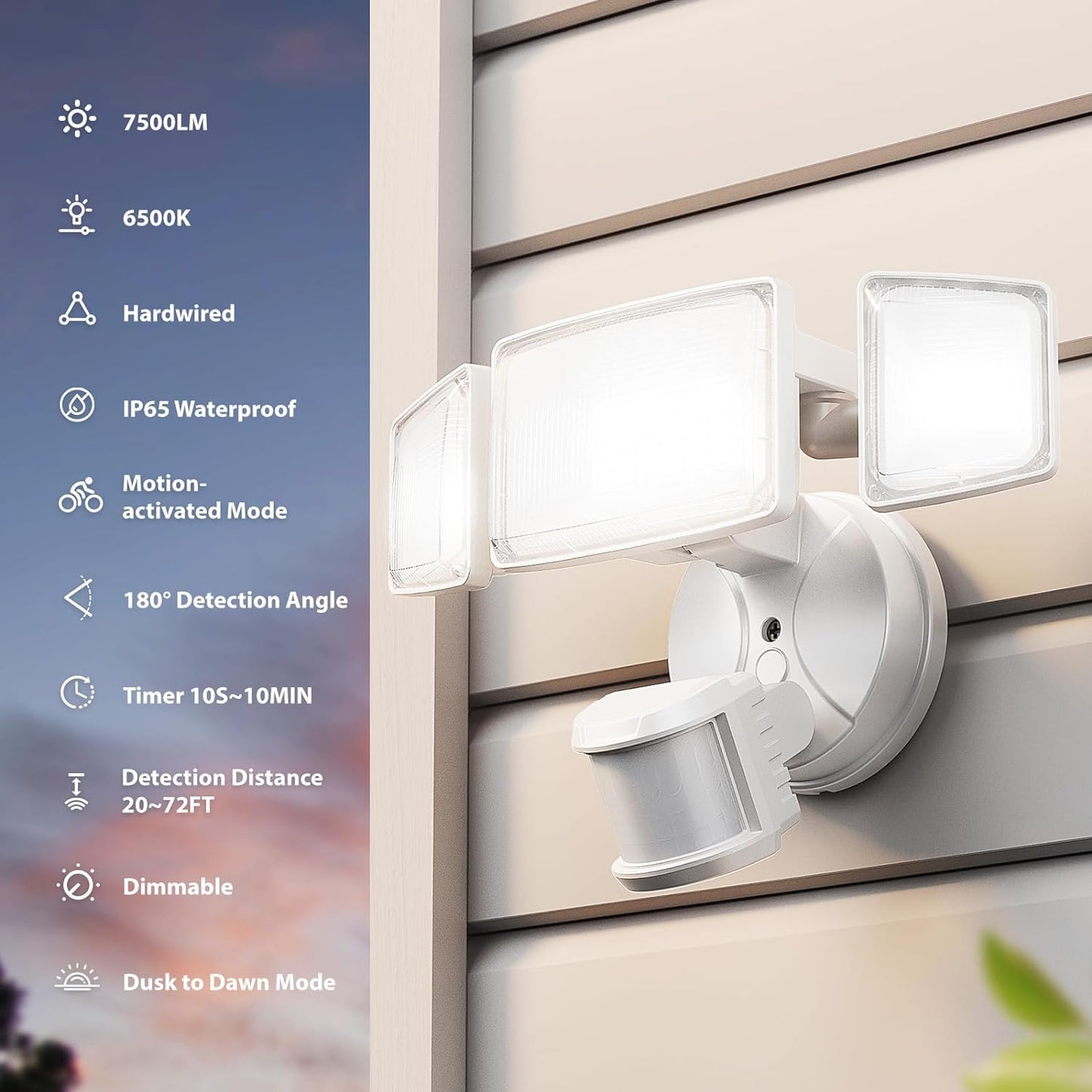 75W LED Motion Sensor Flood Light - Dusk to Dawn Outdoor Security Light, 7500LM, IP65 Waterproof