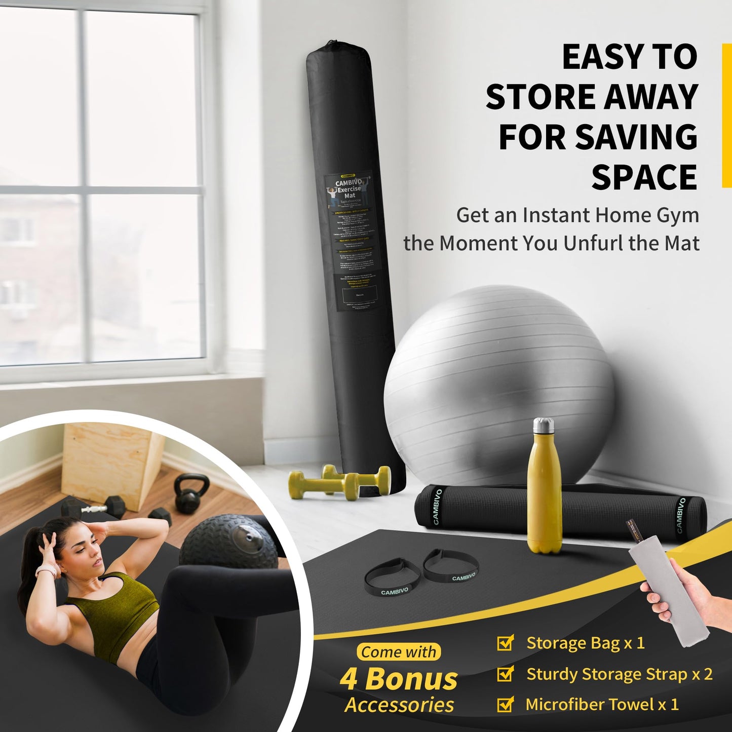 CAMBIVO Large Exercise Mat for Home Gym, 8'x6'/7'x5'/6'x4' (7mm) High-Density PVC Extra Thick Workout Mat, Non-Slip Shoe-Friendly Gym Flooring Mat for Jump Rope, Weights, Cardio, Garage & Home Workout (Ink Black)