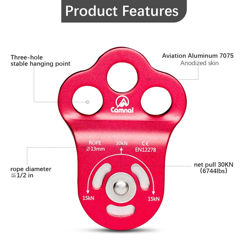 CAMNAL Climbing Pulley 3 Hole Climbing Pulley Stable Traction Climbing Pulley Device Zipline System Pulley, Suit for Tree Work, Rope Climbing and More, Red