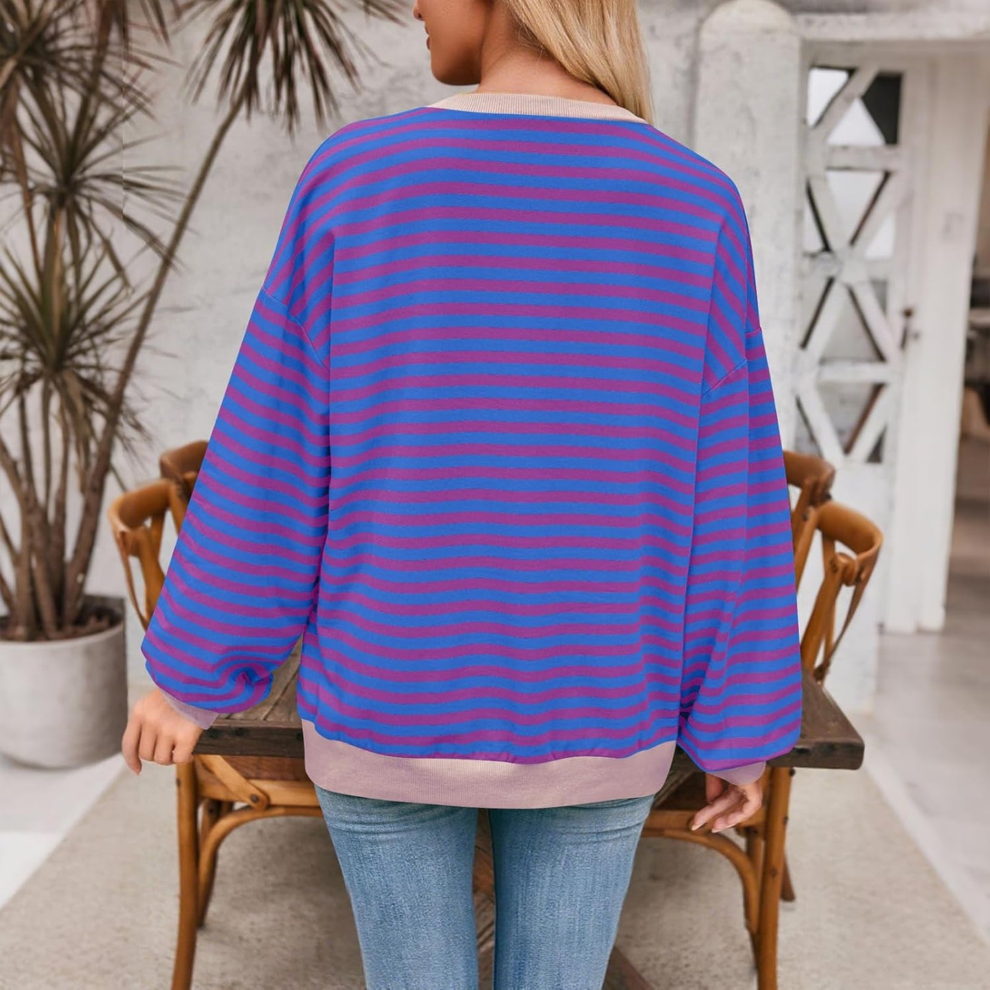 Skiennix Women's Crewneck Long Sleeve Sweatshirt - Casual Striped Pullover | Plus Size Color Block Streetwear