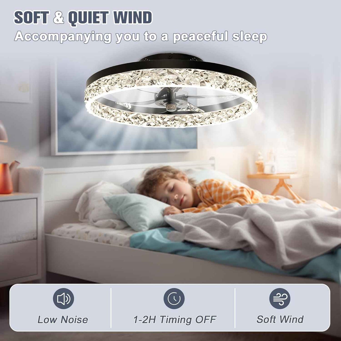 Modern Bladeless Ceiling Fan with Light & Remote - 15.7in Low Profile Fandelier, Dimmable 3000K-6500K for Bedroom