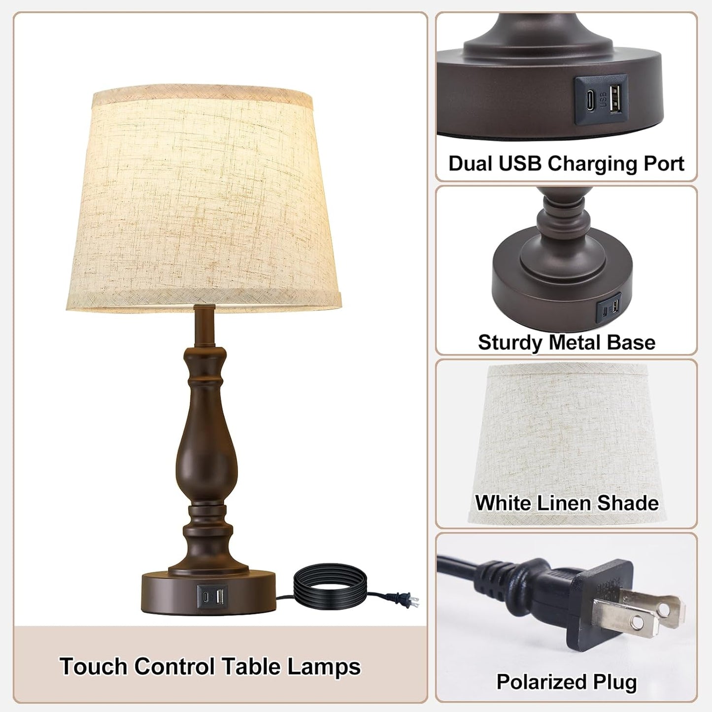 Touch Bedside Table Lamps Set of 2 with USB C+A Ports - 3-Way Dimmable Linen Shade