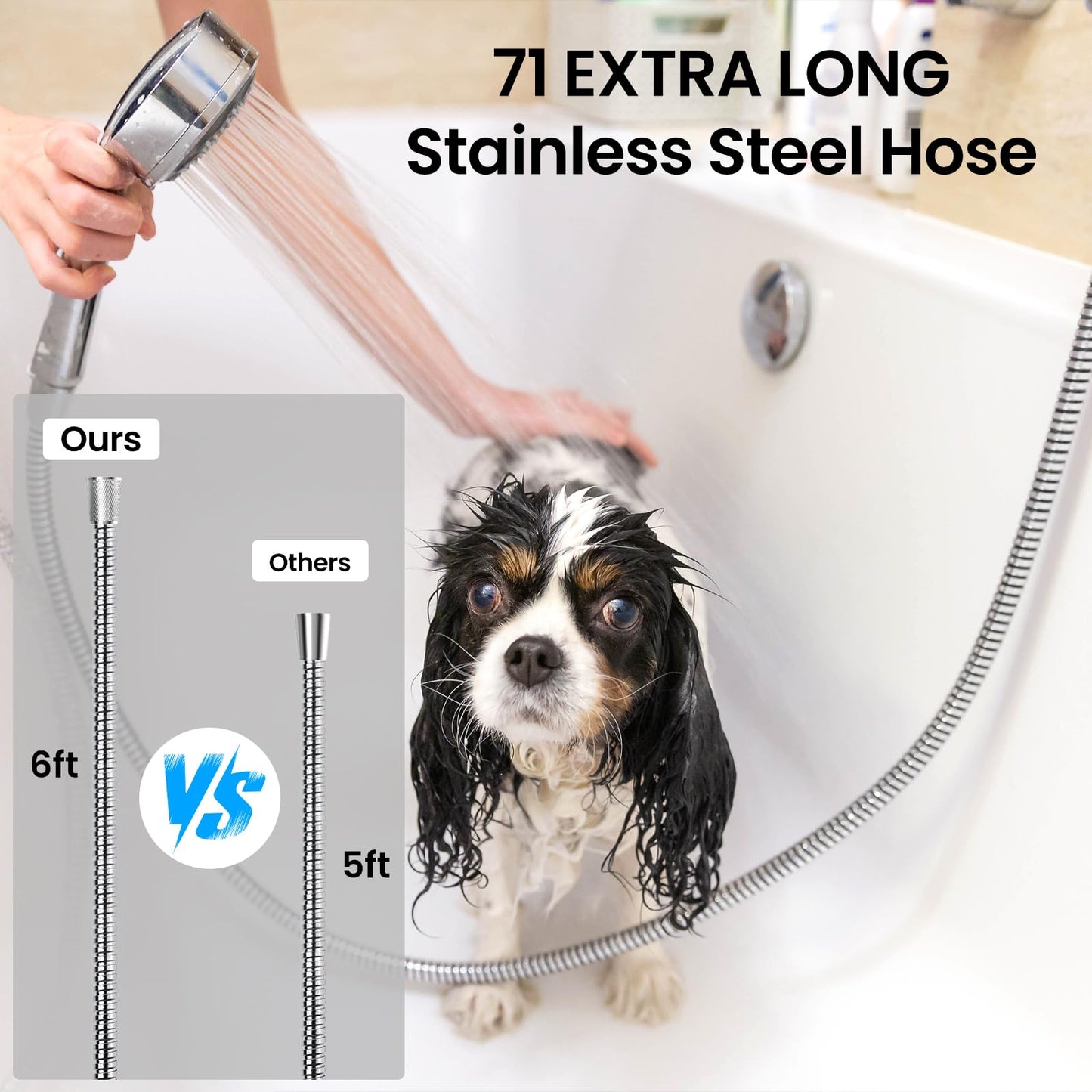 Shower Hose,71 Inches Extra Long Waysse Stainless Steel Handheld Shower Head Long Hose with Brass Insert and Nut Flexible (Silver)