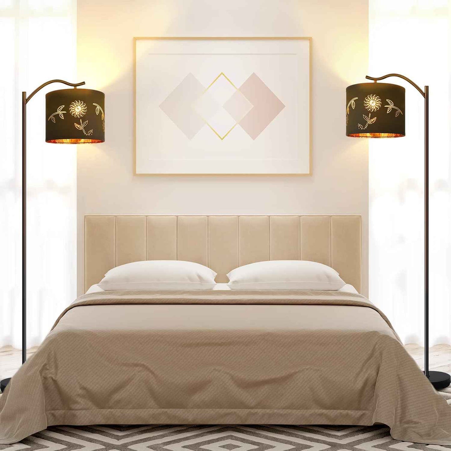 Modern LED Floor Lamp with Bohemian Linen Shade – Arched Tall Standing Light for Living Room & Bedroom