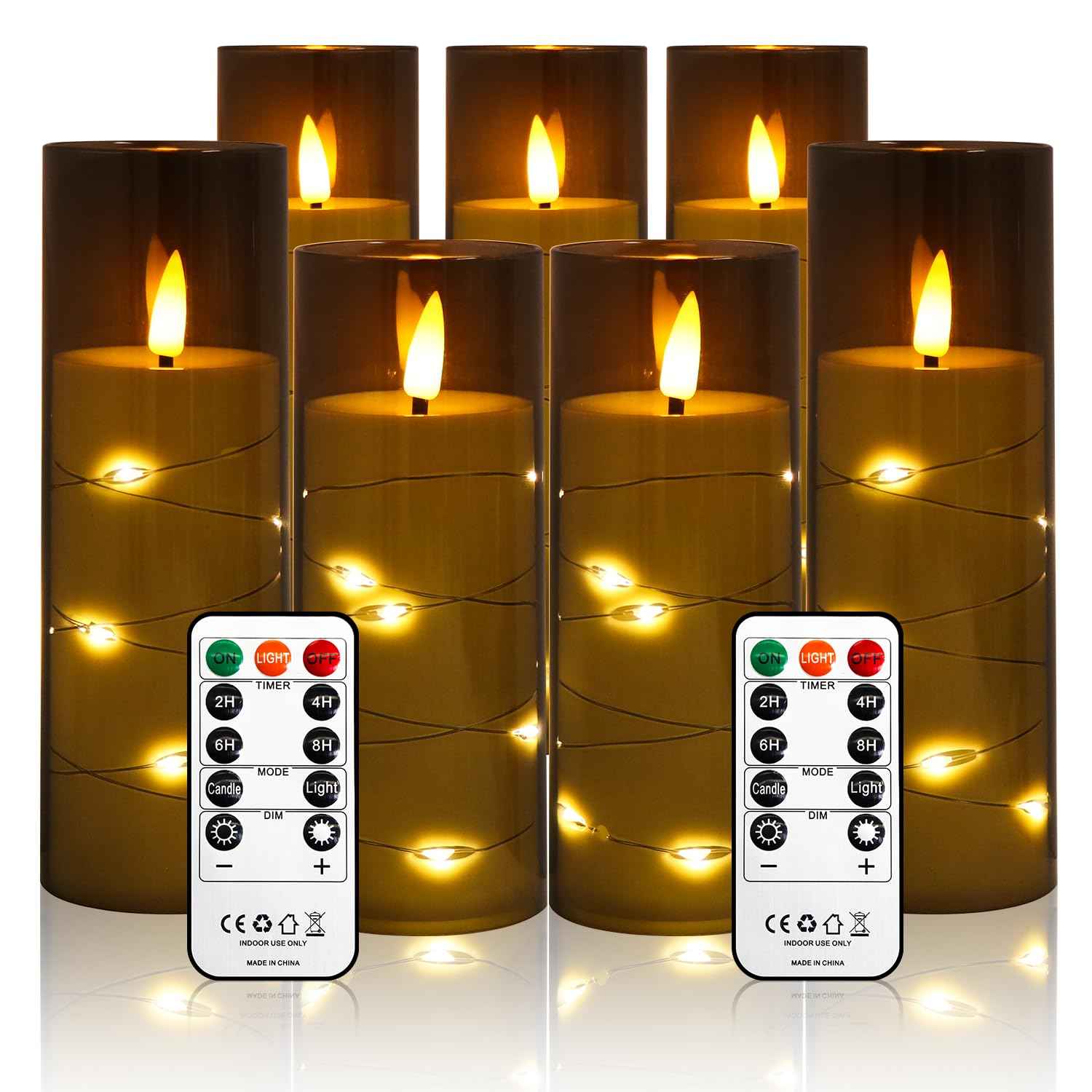Flameless Candles Flickering LED Lights 7 PCS Battery Operated Candles with Remote & Timer, with Embedded Star String Lights for Home Decoration Wedding Festival Cafe Restaurant (Grey)