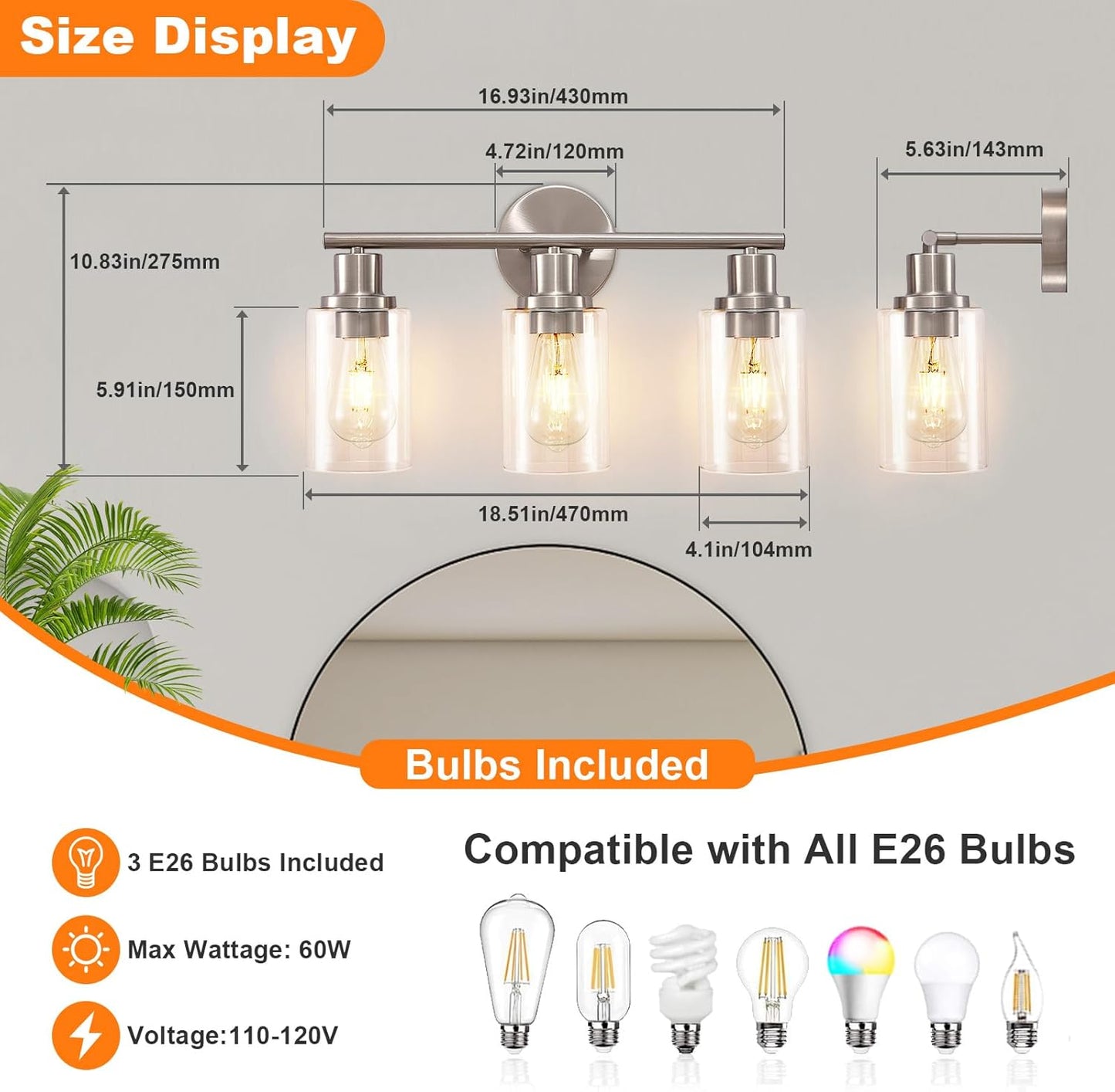 Modern Black 3-Light Bathroom Vanity Light Fixture with Clear Glass Shades - 2 Pack