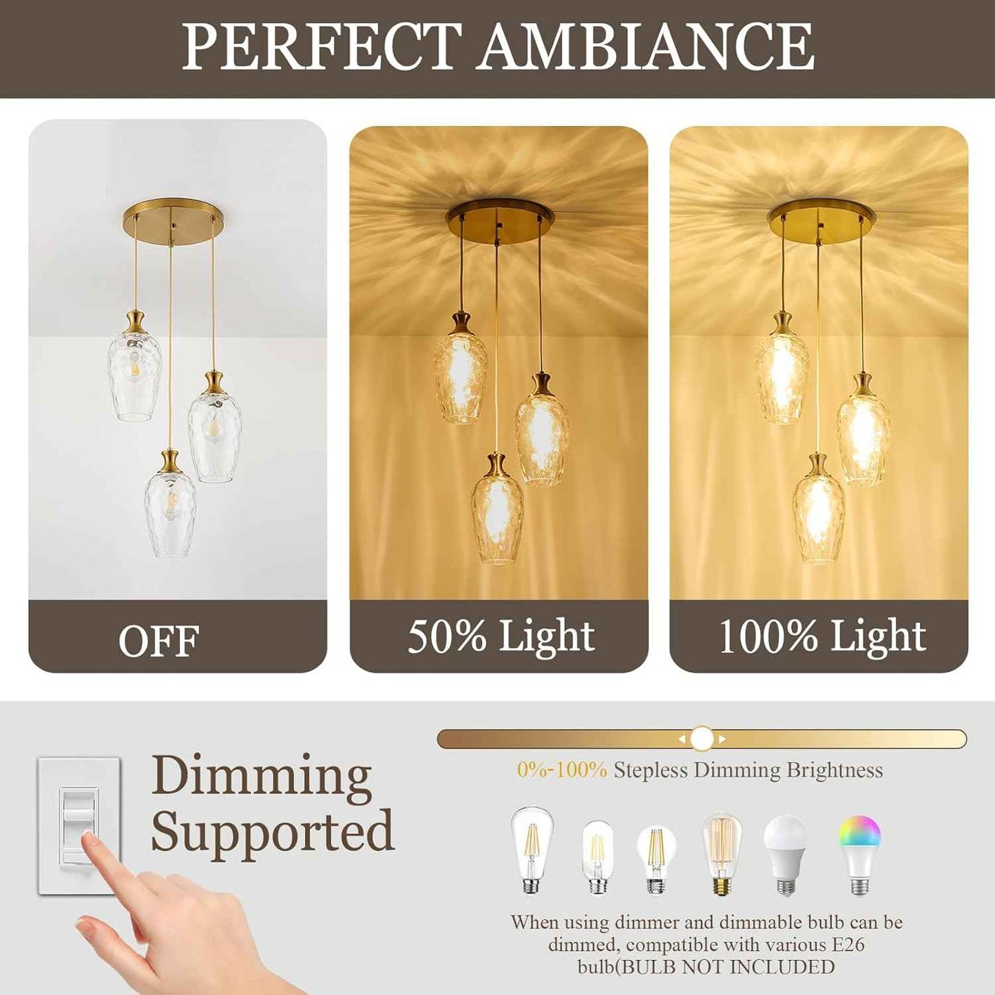 Brushed Nickel Glass Pendant Light Fixture - Modern 1-Light Hanging Lamp for Kitchen Island & Dining Room