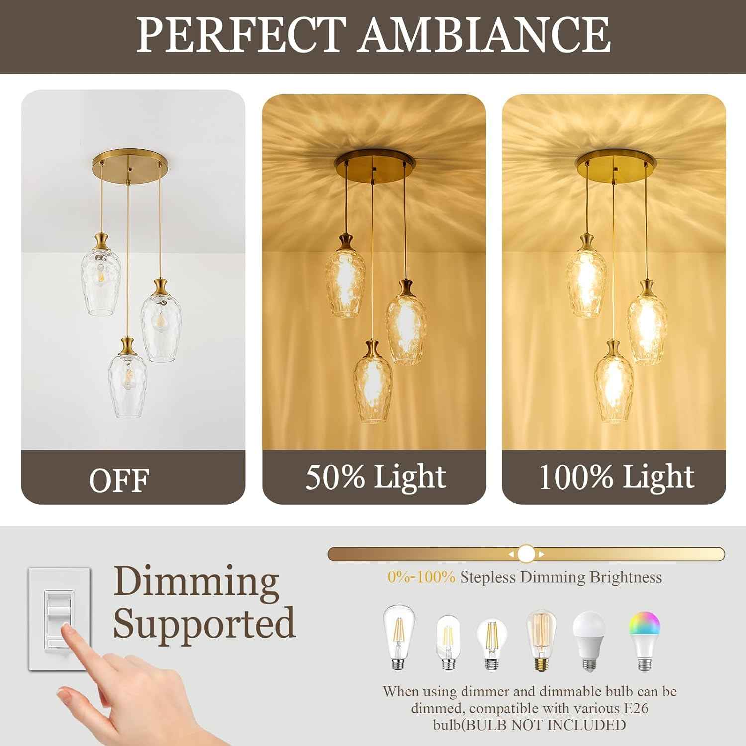 Brushed Nickel Glass Pendant Light Fixture - Modern 1-Light Hanging Lamp for Kitchen Island & Dining Room