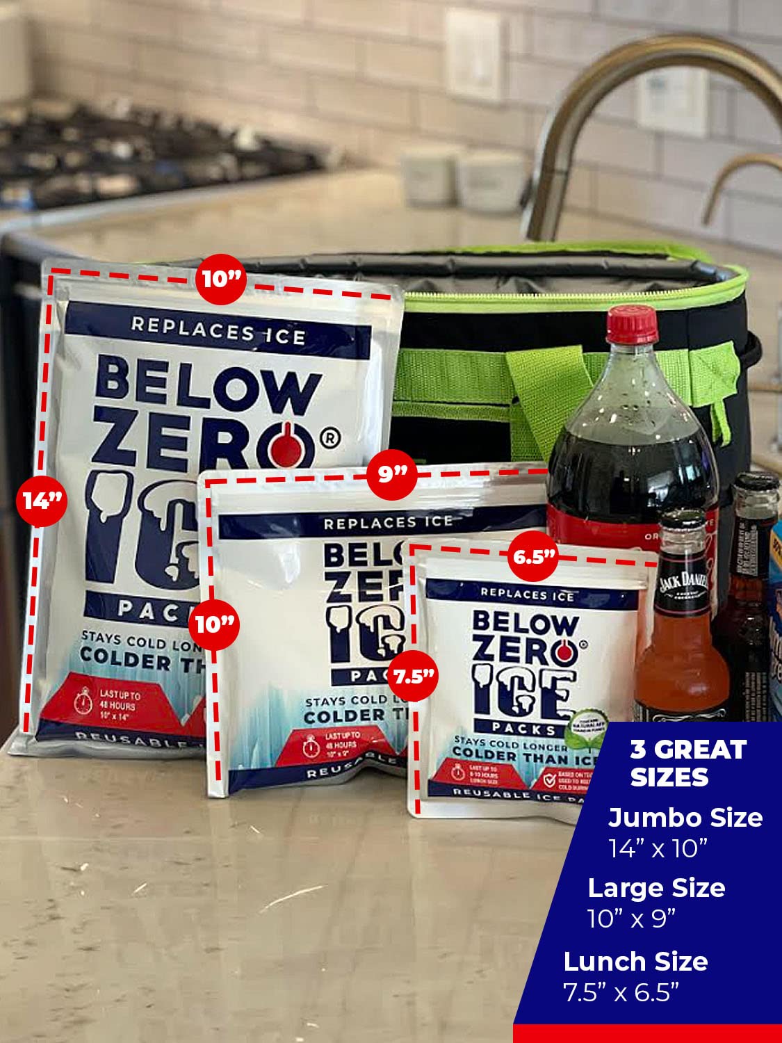 Below Zero Large Reusable Ice Packs for Coolers – Long Lasting Cooler Ice Pack Blocks, Leak-Proof Freezer Packs for Camping, Lunch Boxes & Travel – Large 14"x10" (2-Pack)