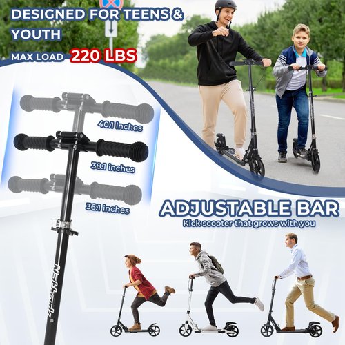 Nattork Scooter for Kids 8-12, Teens and Adults- Adjustable Height Folding Kick Scooter with Large Sturdy Wheels for a Smooth Ride, Lightweight, Anti-Shock Suspension for Boys and Girls-Black