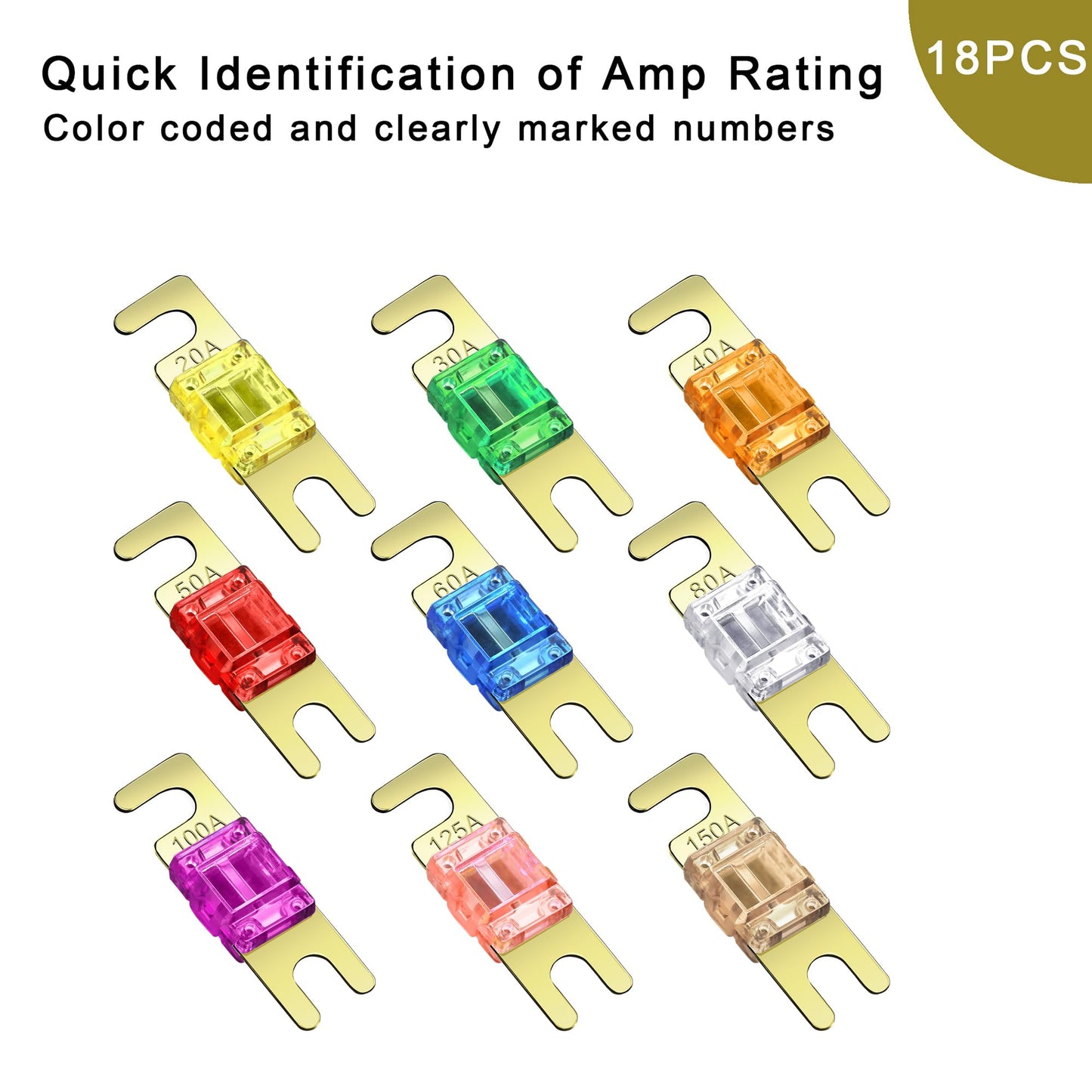 CrocSee 18 Pieces Mini ANL Fuse, Gold-Plated ANL Fuse Pack (20A, 30A, 40A, 50A, 60A, 80A, 100A, 125A, 150A) for Automotive Marine Audio Video System