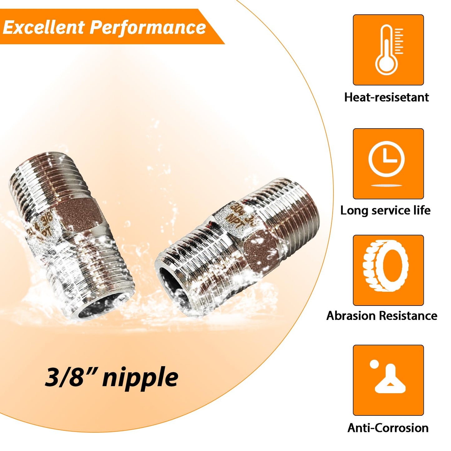 Gadoutcover 4PCS Hex Stainless Steel Nipple 3/8"NPT Male X 3/8" NPT Male Pipe Fitting 3/8 inch Stainless Steel Pipe Nipples Male Pipe Adapter Fittings Heavy Equal Nipples Connectors