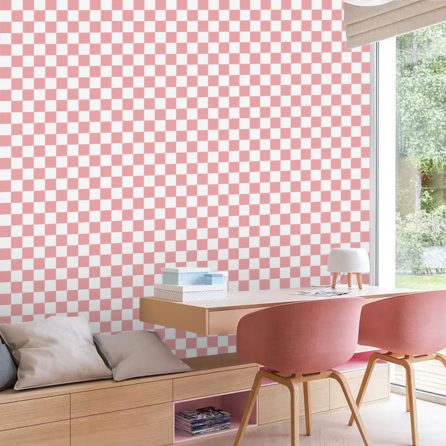 CAX Checkered Peel and Stick Wallpaper 17.3"x120" Pink and White Mosaic Checkered Contact Paper Peel and Stick Modern Self Adhesive Checkerboard Wallpaper for Bathroom Cabinets Shelf Liner Vinyl
