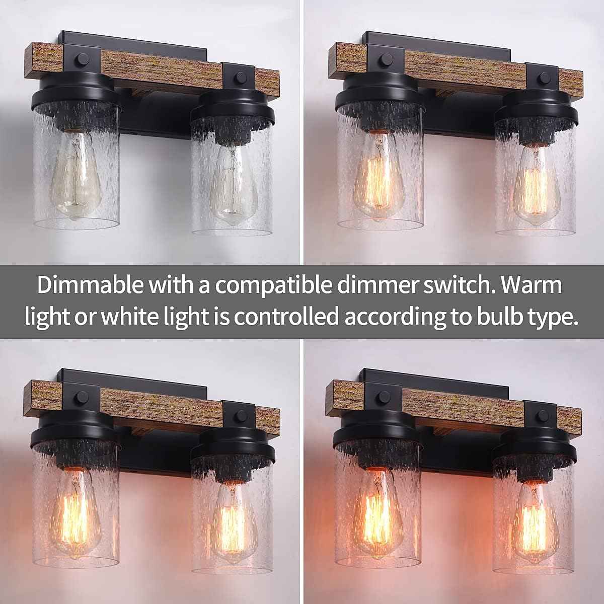 Farmhouse 2-Light Vanity Lights for Bathroom - Rustic Black Wood & Glass Sconces