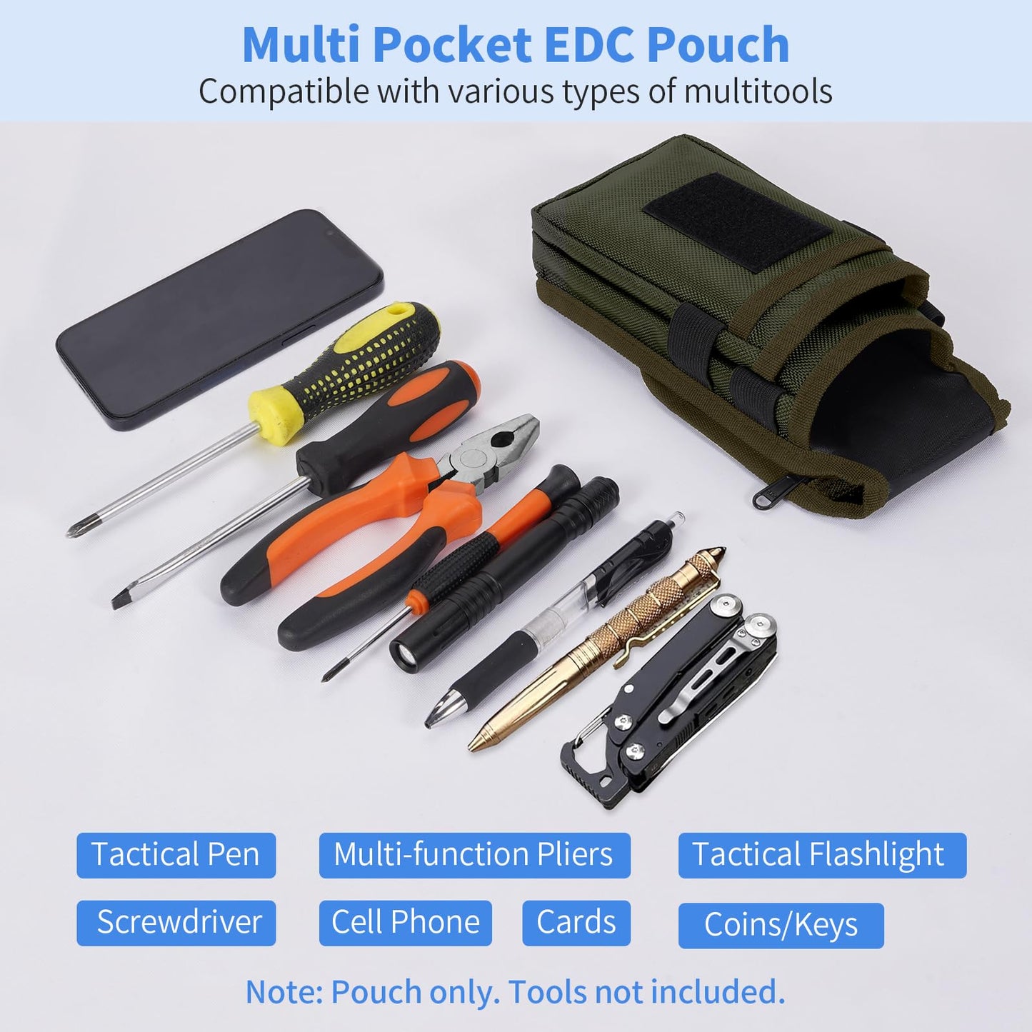 KENOBEE Belt Tool Pouch, Multitool Organizer Electrician Holster Nylon Tactical Pocket Attachment Utility Sheath Bag Tradesman Pro Maintenance Tool Sleeve for EDC Gears Cellphone, Olive