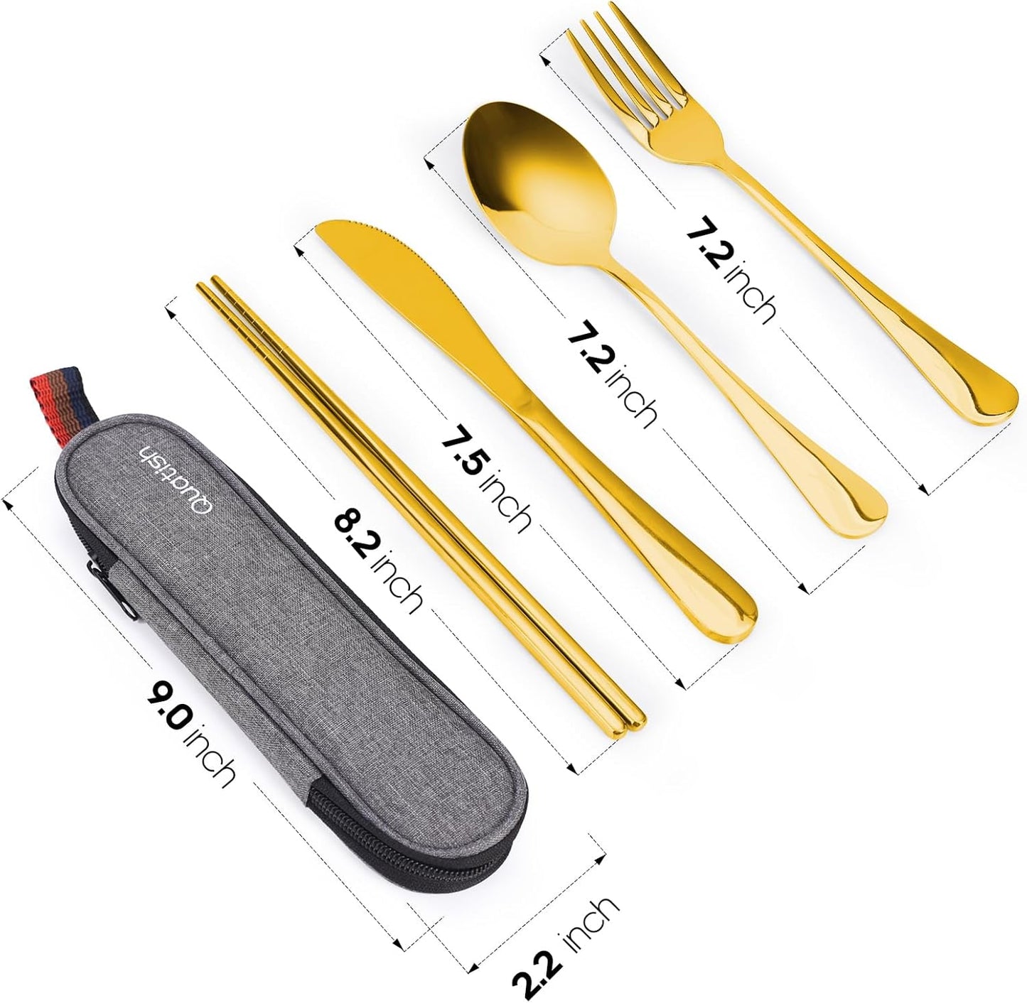 Quatish Portable Travel Utensils Set - Stainless Steel Reusable Cutlery with Case | Fork & Spoon for Camping, Picnic, Lunch Box - Gold