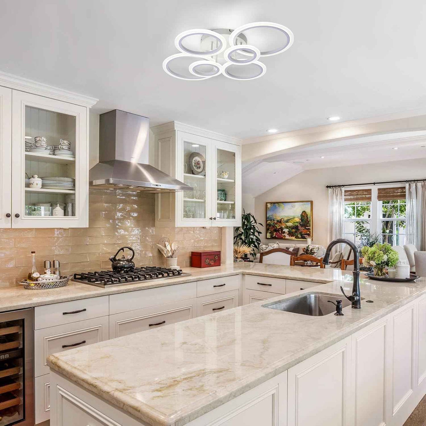Modern LED Flush Mount Ceiling Light - 4 Rings 4000K Fixture for Kitchen & Living Room