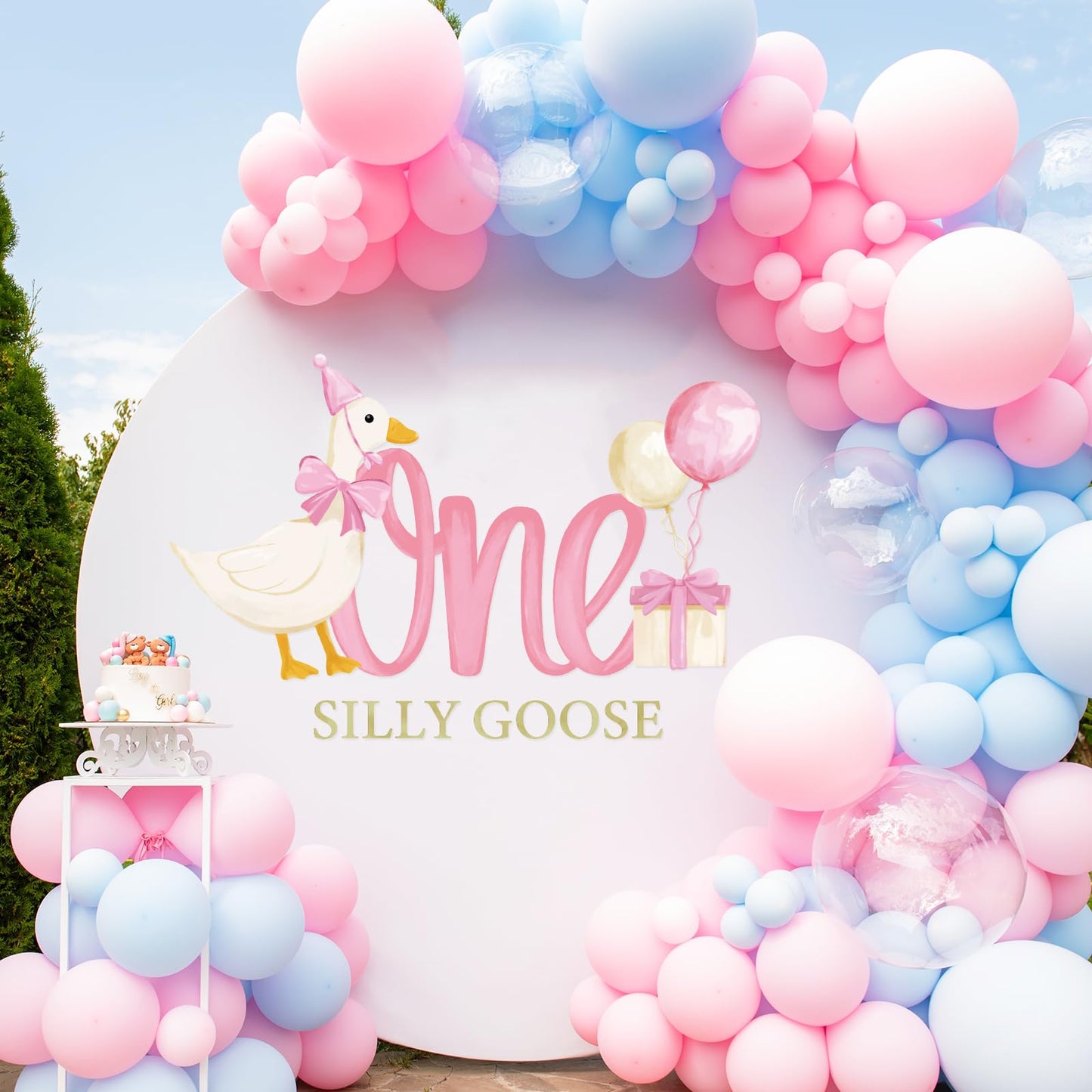 JarThenaAMCS One Silly Goose Party Decal Sign Pink First Birthday Wall Sticker Pink Bow Goose Sweet Party Backdrop Photo Prop for 1st Girl Birthday Balloon Arch