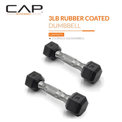CAP 3 LB Rubber Coated Hex Dumbbell Hand Weight - Pair | Chrome Handle