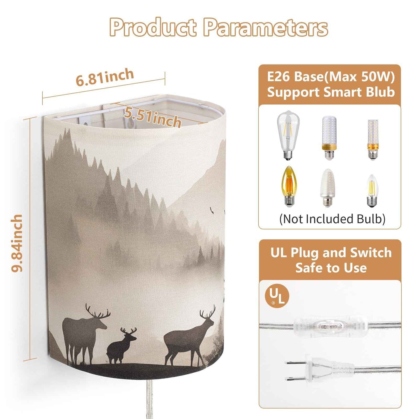 Novantl Fabric Plug in Wall Sconces, HD Printing Deer Wall Lamp, Rustic Farmhouse Corner Wall Sconce Plug in, Plug in Sconce with UL Certified Clear Cord, Wall Lamps for Living Room, Bedroom (2 Packs)