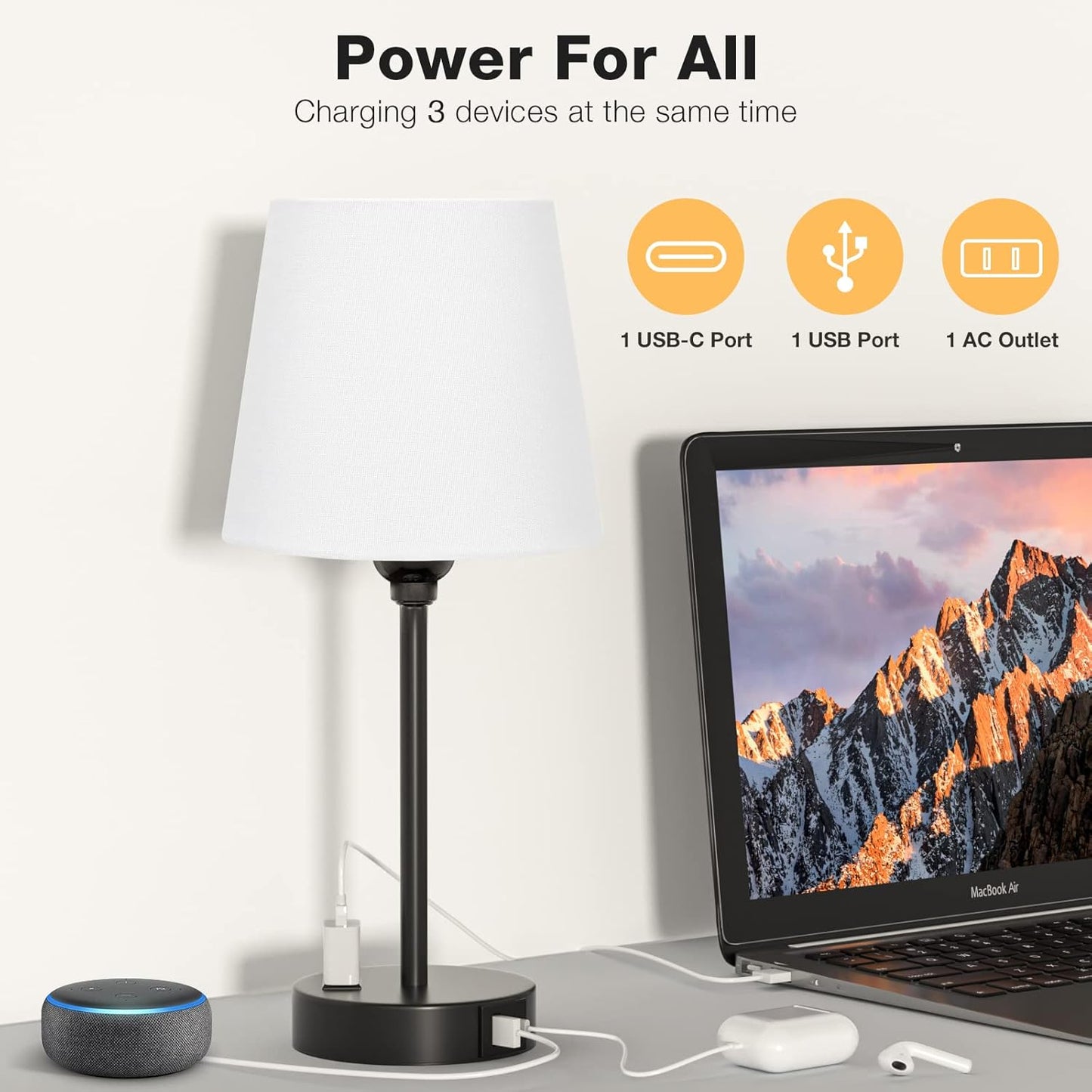 Set of 2 Mini Bedside Lamps with USB-C & AC Outlet - Dimmable Touch Nightstand Lights for Bedrooms