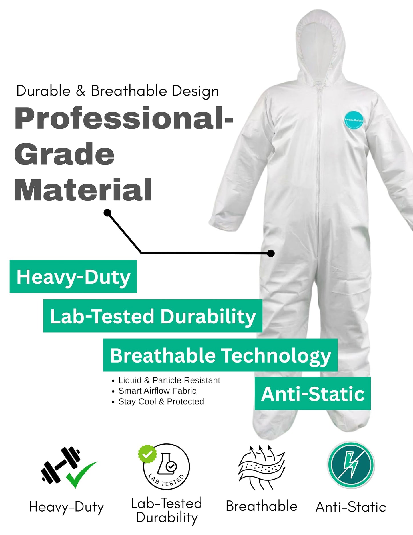 Andes Safety Hazmat Suits, Heavy Duty Full Body Disposable Paint Suits, Coveralls with Hood, Elastic Wrists and Ankles, Available in 10 Sizes, Extra Small