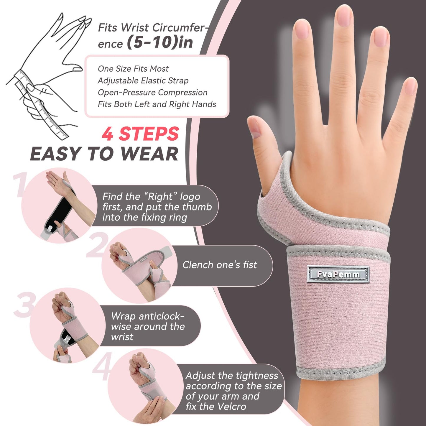 Carpal Tunnel Wrist Brace for Right Left Hand 2 Pack, Wrist Support Wraps for Women Men, Adjustable Wrist Brace for Tendonitis, Arthritis, Weightlifting, Sports, Day Night Support, Pink
