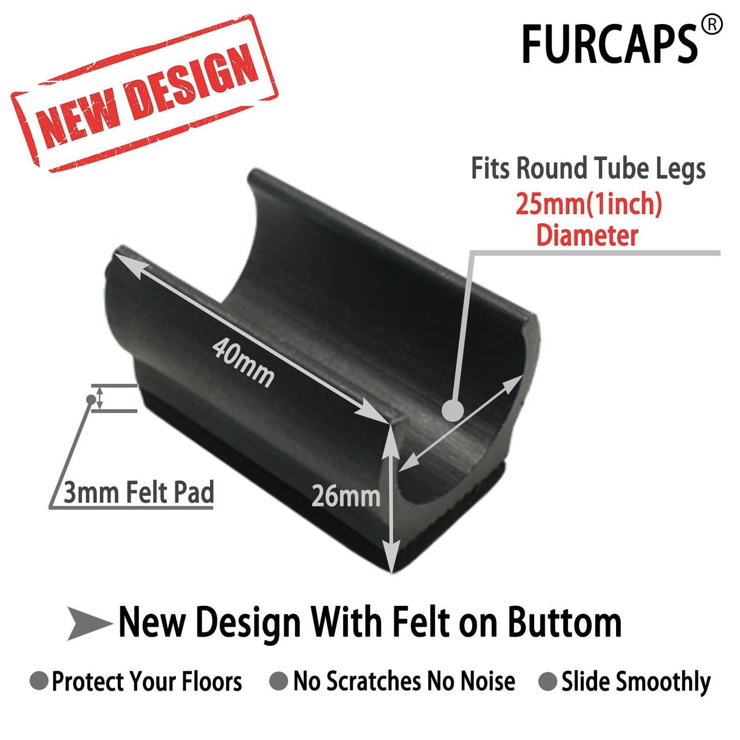 Rectangle U Shaped Chair Leg Tips Cap with Felt Pads,Furniture Feet Protectors Slide Smoothly Glides,Protect Hardwood Floor No Scratches No Noise,Fit 25mm(1 inch) Diameter Tubular Legs (Black 8PCS)