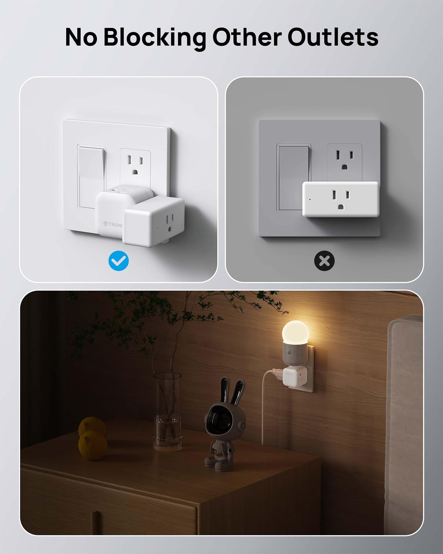 TROND Multi Wall Outlet Extender - Sideways Plug Adapter with 3 Electrical Sockets, 360 Rotating Plug to Turn the Horizontal to Vertical Outlet for Plugging Air Freshener, Cat Calming, Night Light