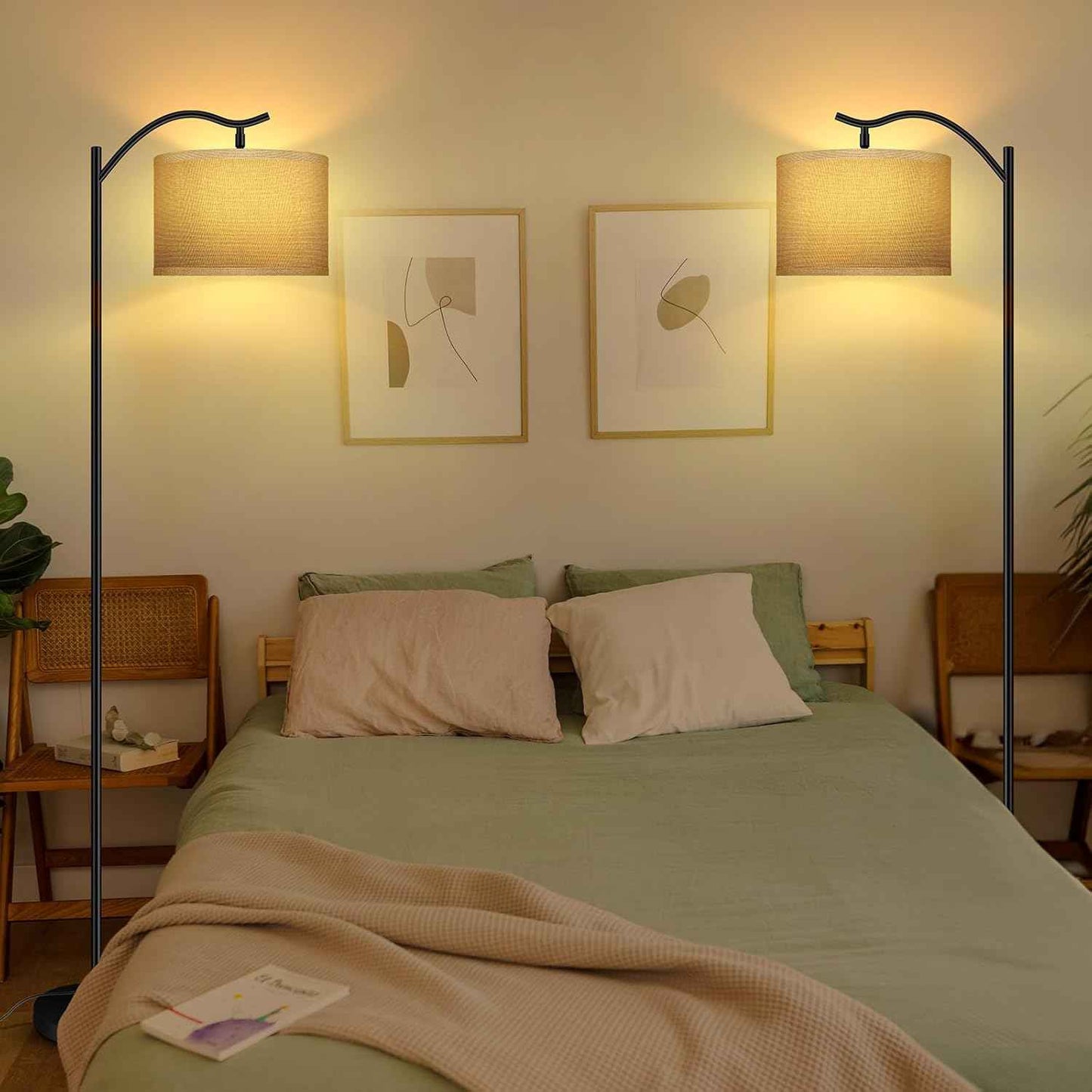 Modern LED Floor Lamp with Bohemian Linen Shade – Arched Tall Standing Light for Living Room & Bedroom