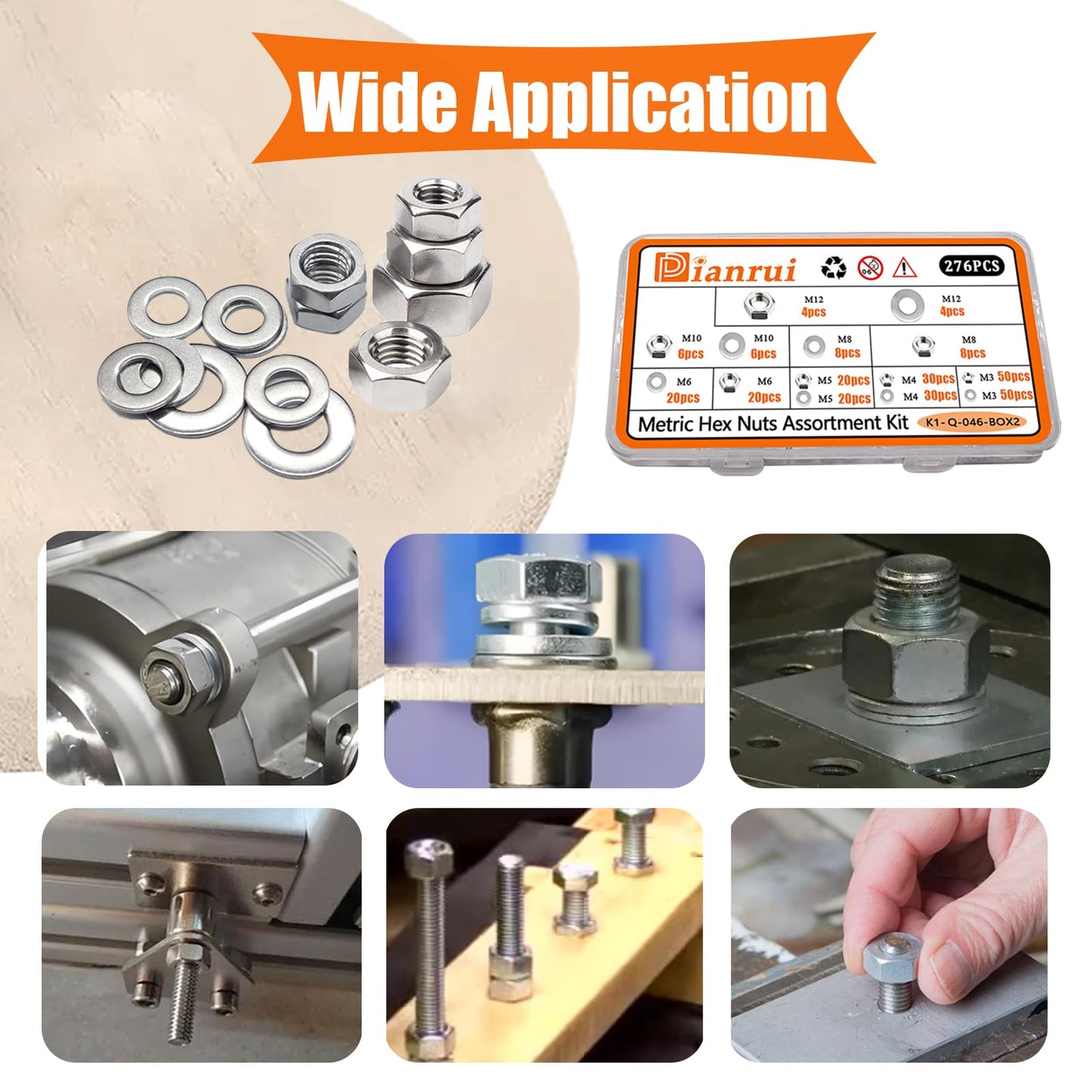 Dianrui 276 PCS Metric Hex Nut and Washer Assortment Kit, 7 Size Nuts and Washer Set (M3 M4 M5 M6 M8 M10 M12) 304 Stainless Steel Hardware Hex Nuts for Screw Bolt