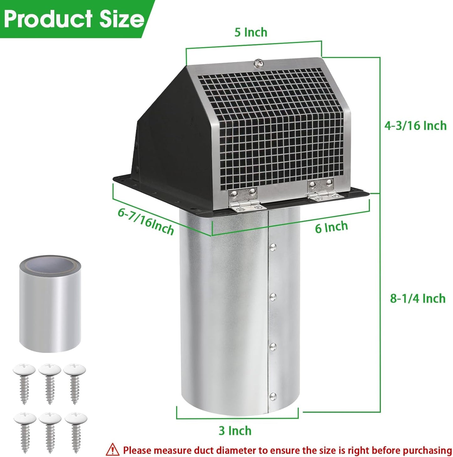 5-Inch Exterior Dryer Vent Cover with Screen & Damper - Galvanized Steel, Black
