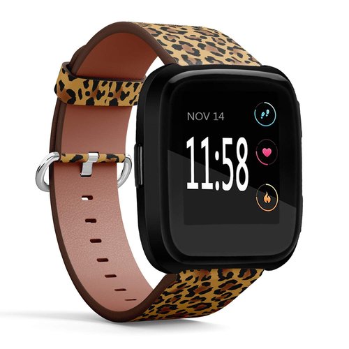 Compatible with Fitbit Versa - Replacement Accessory Leather Band Strap Bracelet Wristbands with Adapters (Leopard)