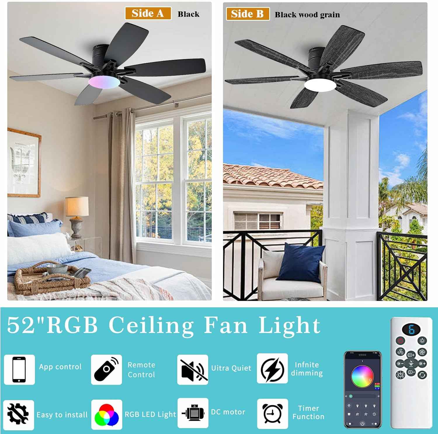 52-Inch Black Ceiling Fan with Lights & Remote Control - Modern Low Profile LED/RGB Dimmable Flush Mount for Bedroom