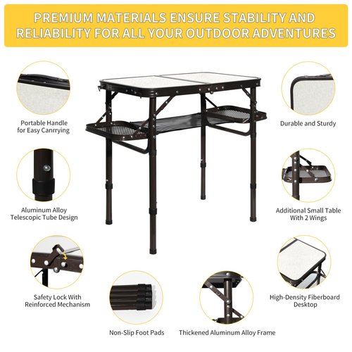 koldan Folding Camping Table Outdoor Indoor Picnic BBQ Aluminum Lightweight Tall Camping Table 3-Height Adjustable 25in Max 50 Extra Space with Carry Handle & Mesh Pocket Small Foldable Table