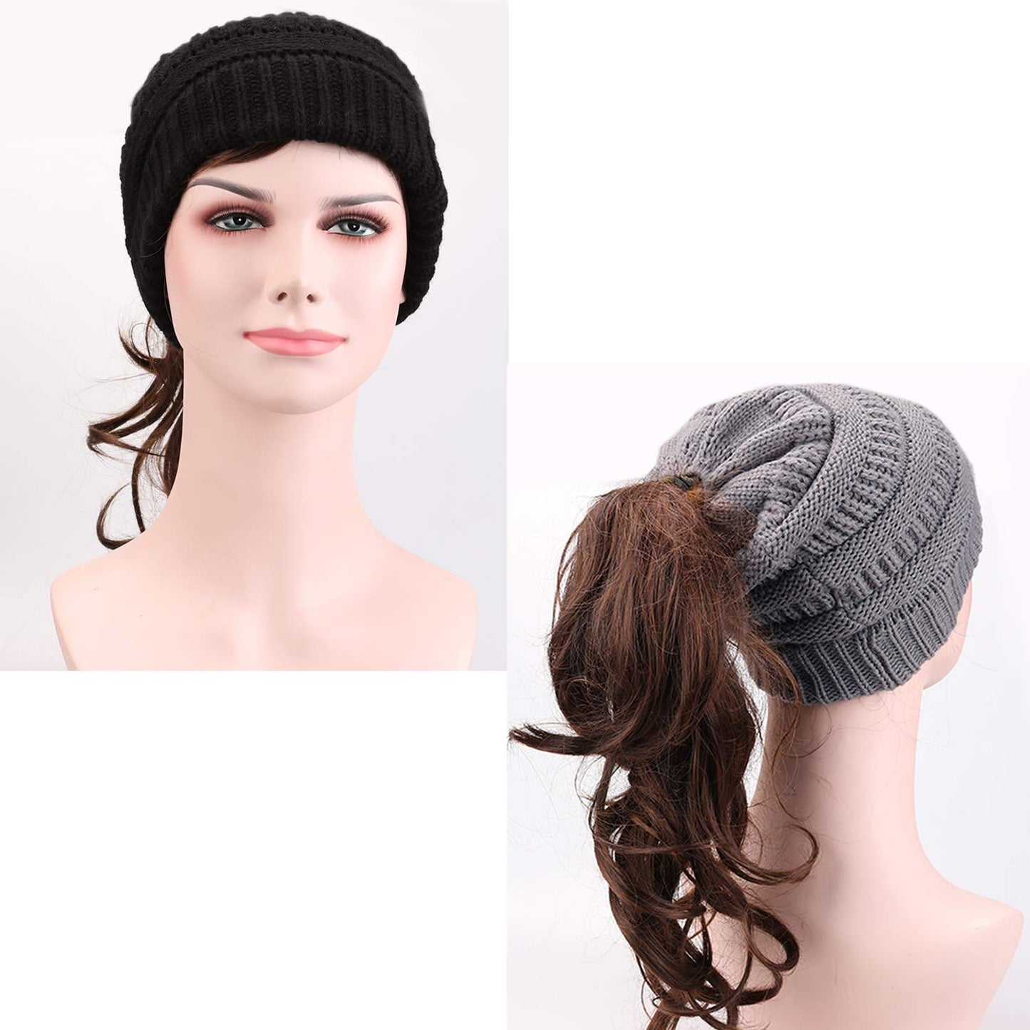 KRATARC Winter Warm Knit Ponytail Hat Beanie Tail Cap for Runner Women Youth Girl (Black & Grey)