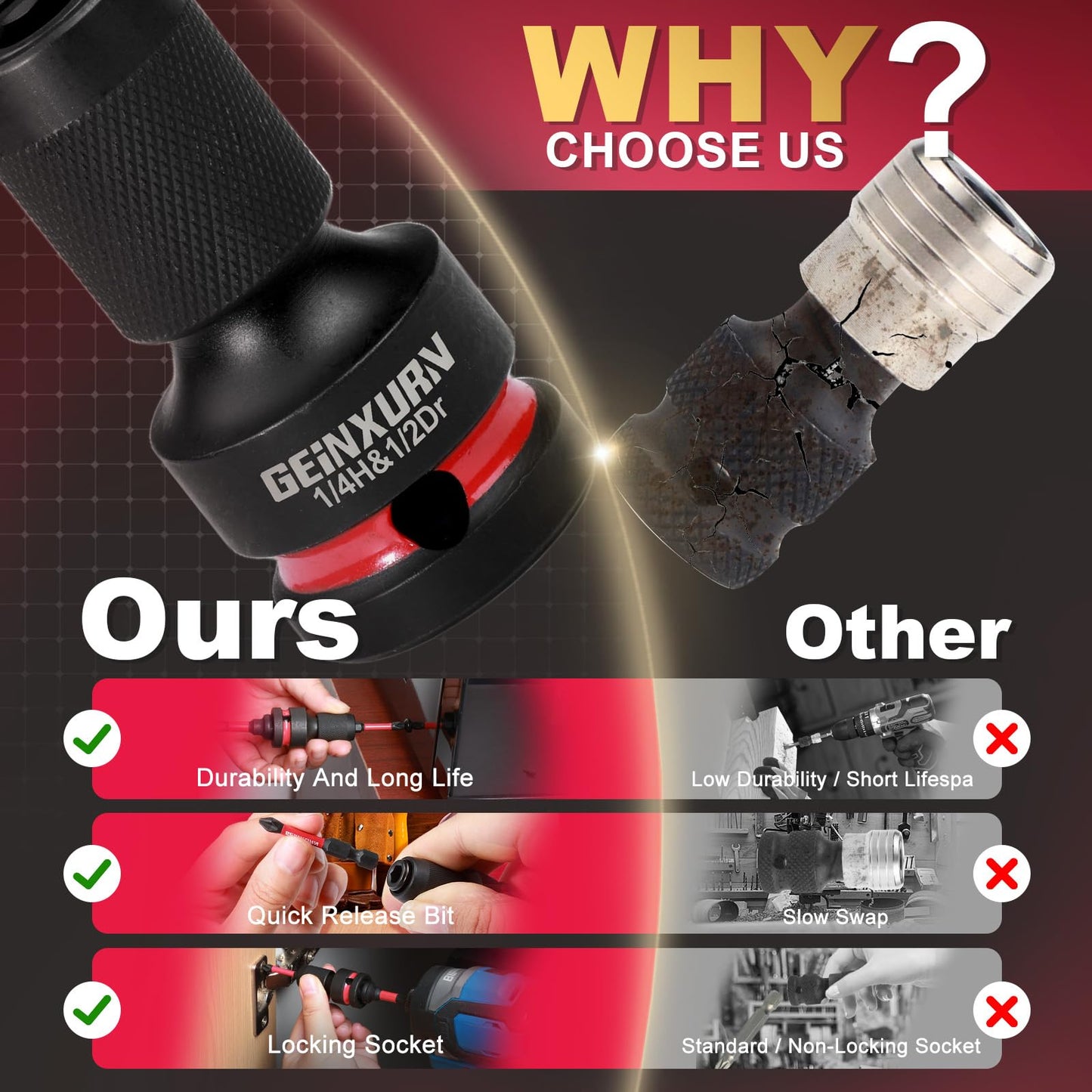 Geinxurn 2PCS Impact Screwdriver Bit Holders, 3/8-Inch Square Drive to 1/4-Inch Quick Release Hex Socket Adapter for Impact Wrench