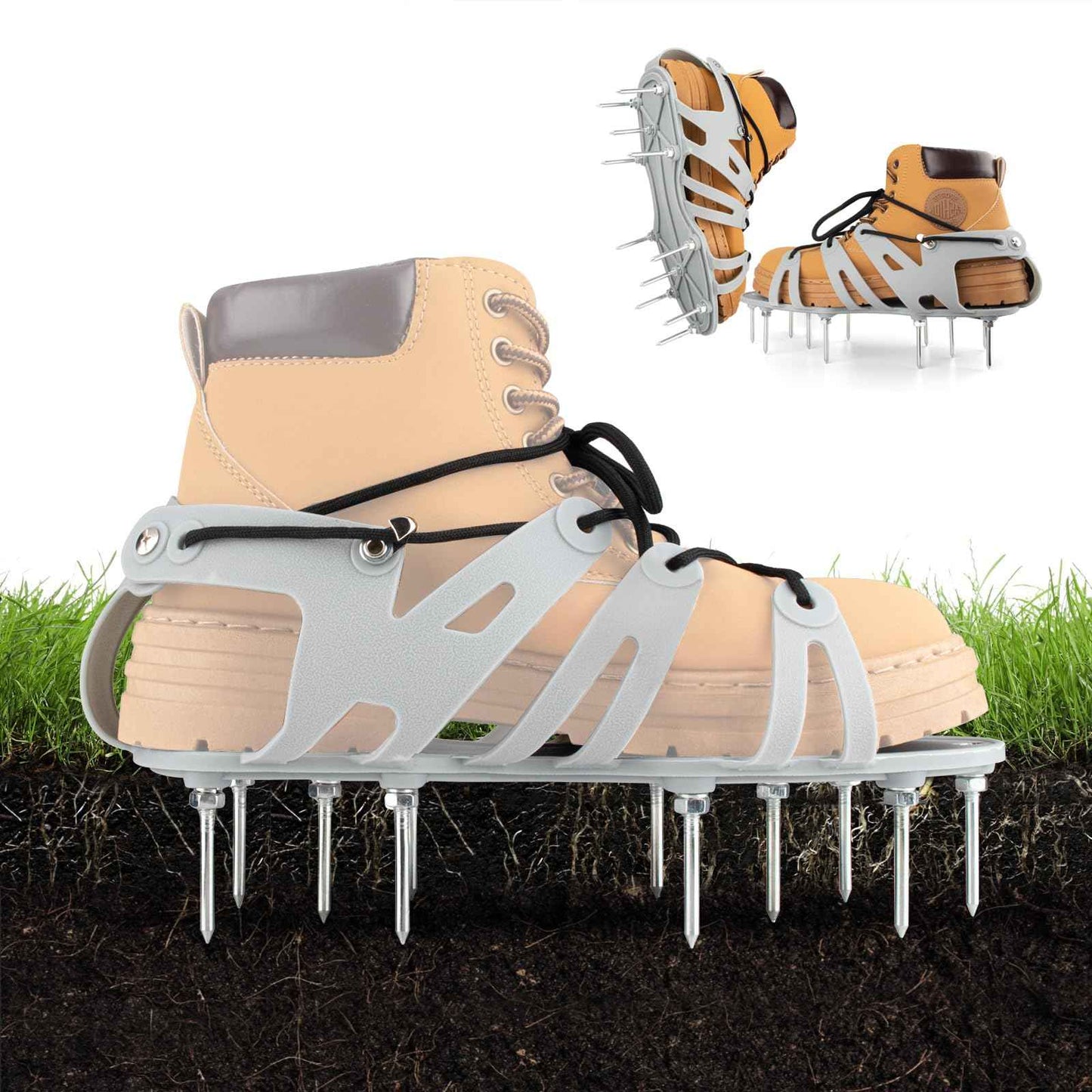 JIAN BOLAND Lawn Aerator Shoes - Wrap Around Lacing Design Spiked Shoes for Lawn Aerator, Flexible Bendable Sole Walk Freely One Size Fits All, Grass Aeration Spikes Tools