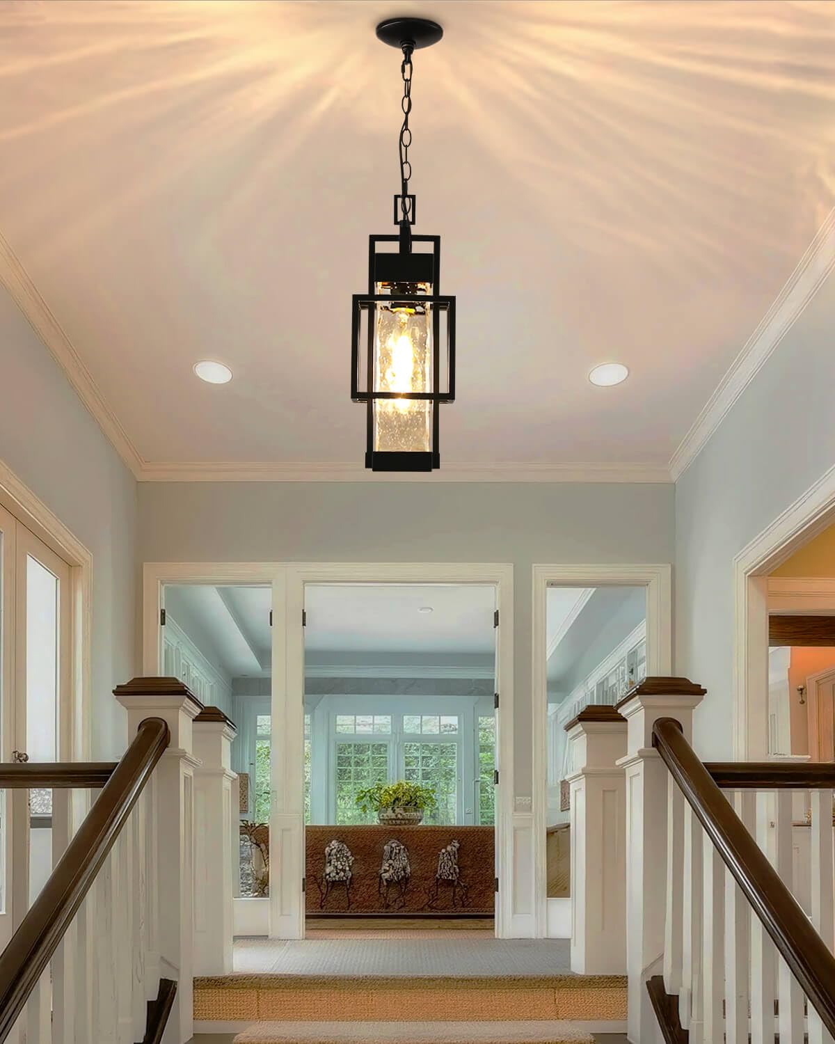 Zinola Outdoor Pendant Light for Porch, Waterproof Hanging Ceiling Lantern with Water Glass, Black Exterior Light Fixture for Front Door Gazebo Entryway, E26 Base, LED Bulb Included