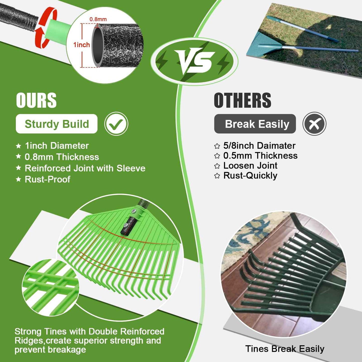 Poly Garden Rake for Leaves - 16.5'' Plastic Leaf Rake for Yard Lawn, 75'' Adjustable Outdoor Heavy Duty Rakes for Sweep Leaves,Grass, Pine Needle,Lightweight Long Handle for Women Seniors Kids