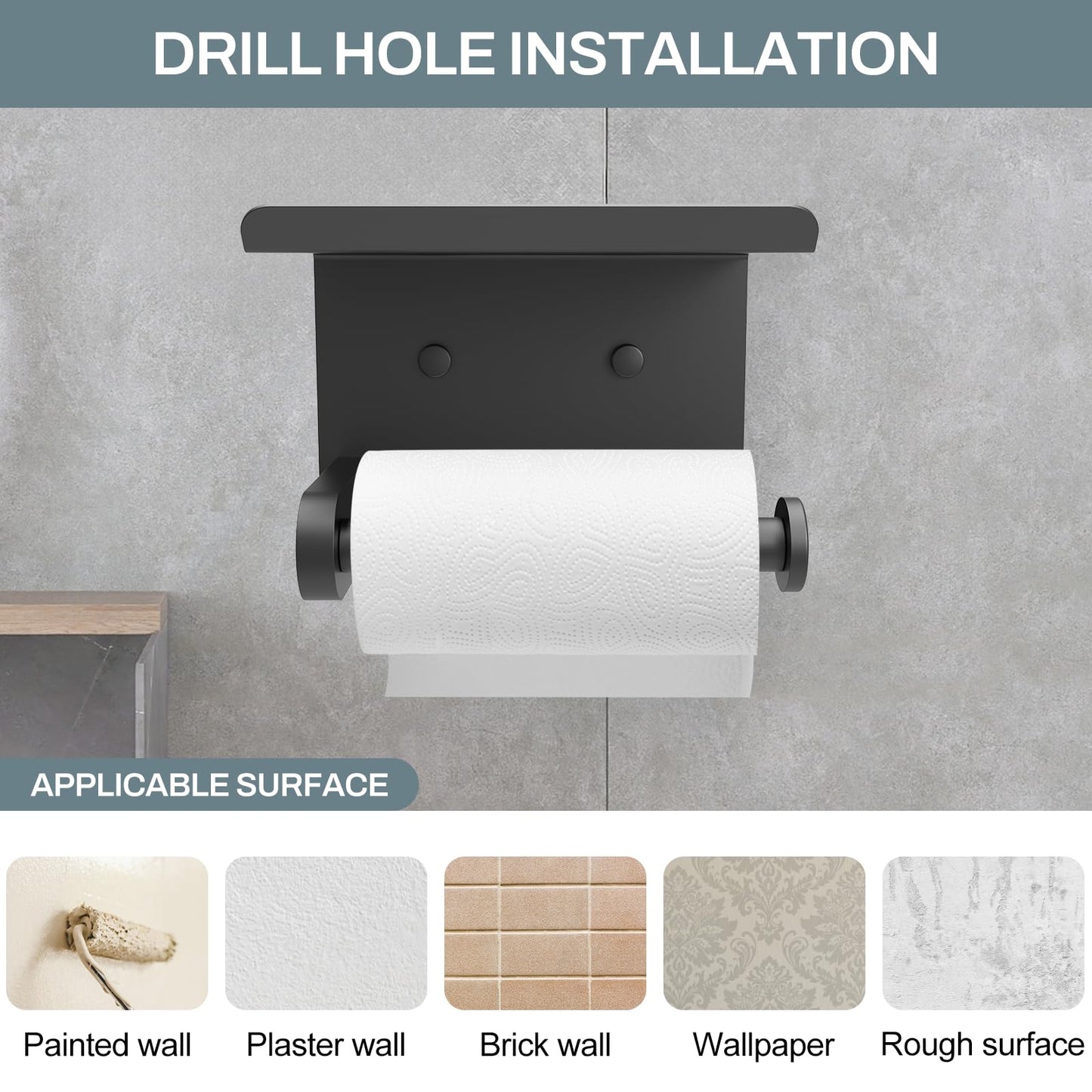 SetSail Toilet Paper Holder with Shelf Adhesive or Screw Bathroom Toilet Paper Roll Holders Wall Mount Matte Black Tissue Holder for Bathroom Hardware Accessories