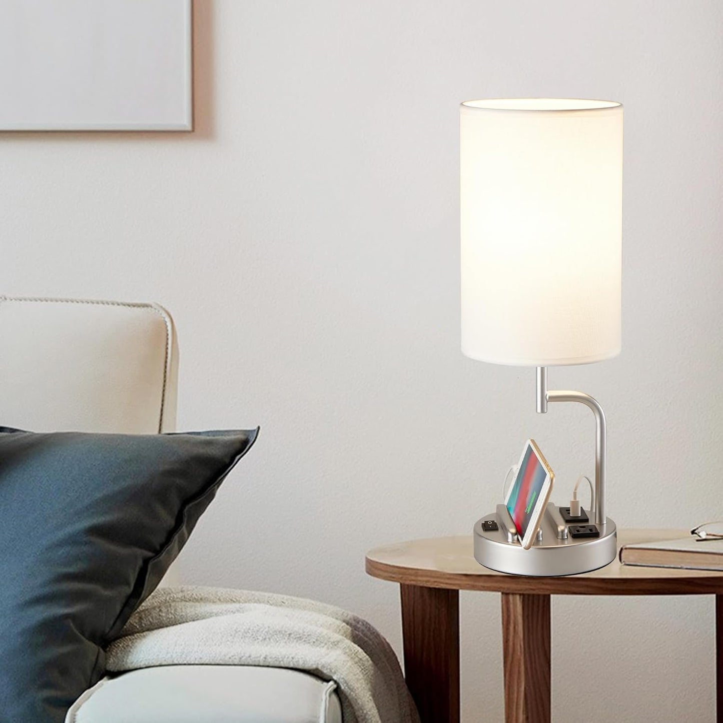 Modern Table Lamp with 3 USB Ports & AC Outlet - Set of 2 Bedside Desk Lamps in Silver