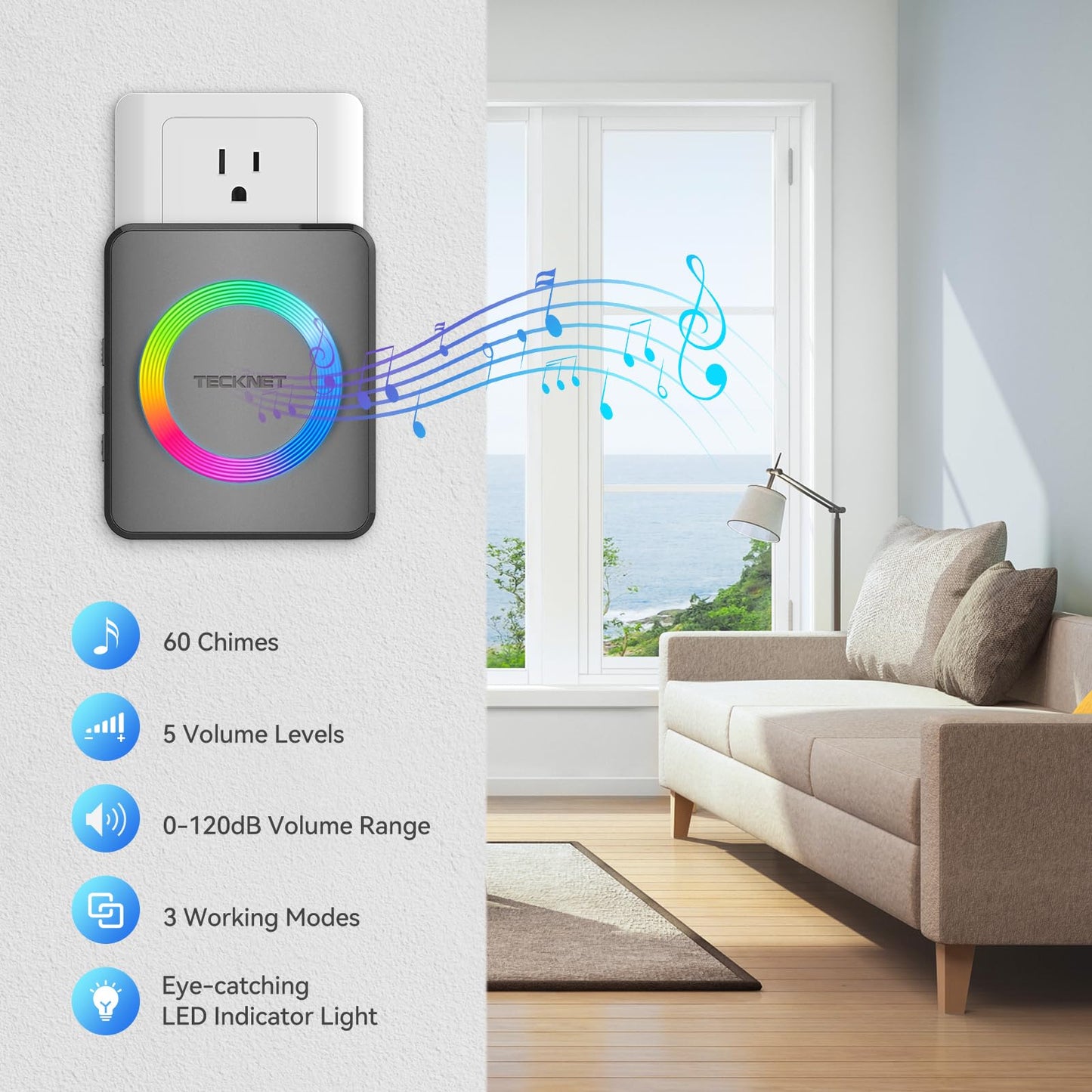 TECKNET Wireless Doorbells for Home, IP65 Waterproof 1,970Ft 120dB Door Bell Ringer Wireless for Classroom with 60 Chimes & 5 Volume Levels, RGB Flash