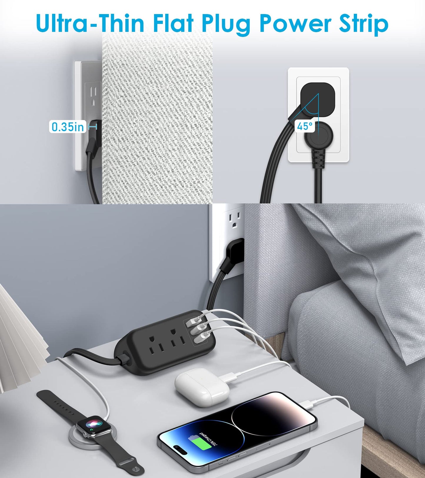 Cruise Ship Essentials - 30W USB CTravel Power Strip Flat Plug, 3 Ft Flat Extension Cord with 4 Outlets 3 USB Ports(2 USB C), Small Power Strip No Surge Protection for Cruise Travel Home Office