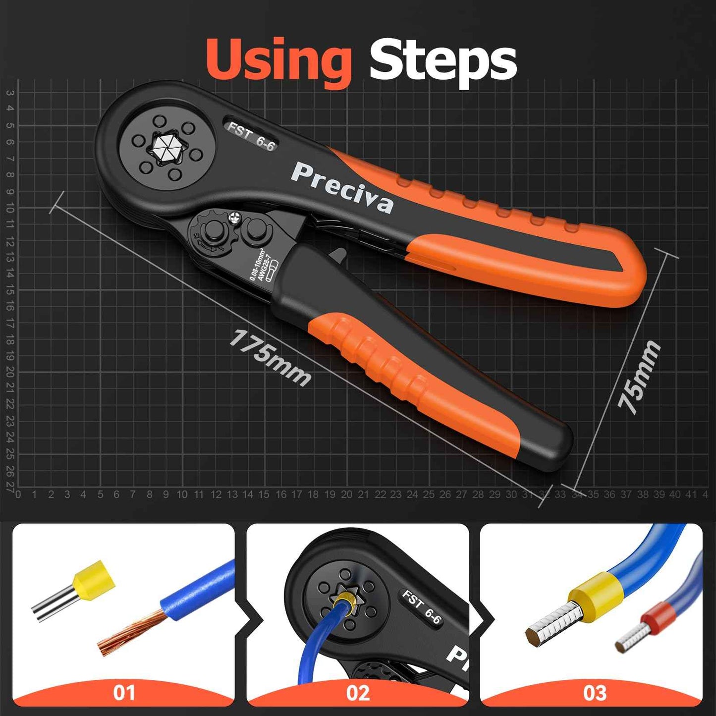 Preciva Hexagonal Ferrule Crimping Tool, AWG 28-7(0.08-10mm²) Crimper Plier Adjustable Ratcheting Wire Crimping Tool