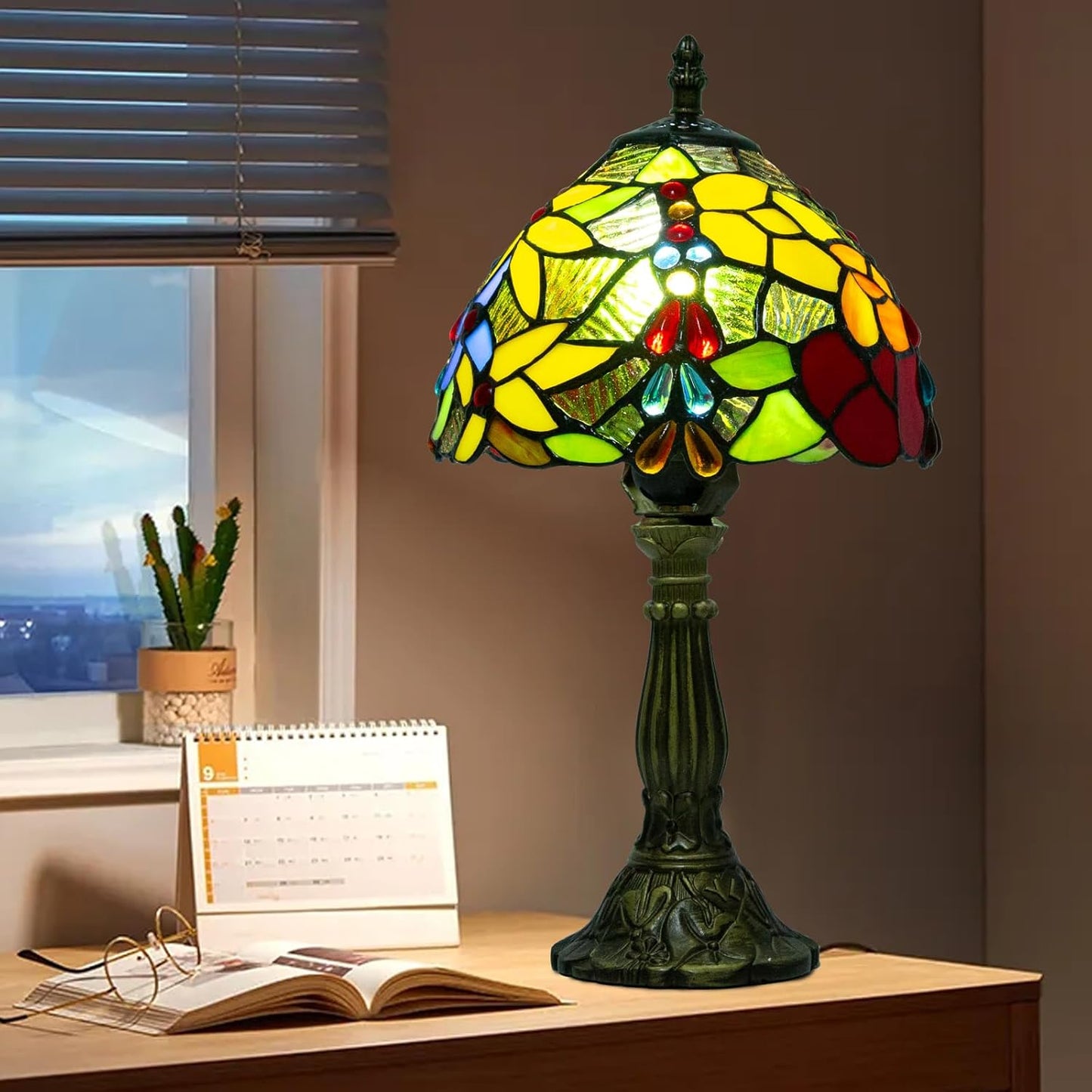 Tiffany Table Lamp - 8 Inch Antique Stained Glass, 3 Color Temperatures, Handcrafted for Bedroom & Living Room