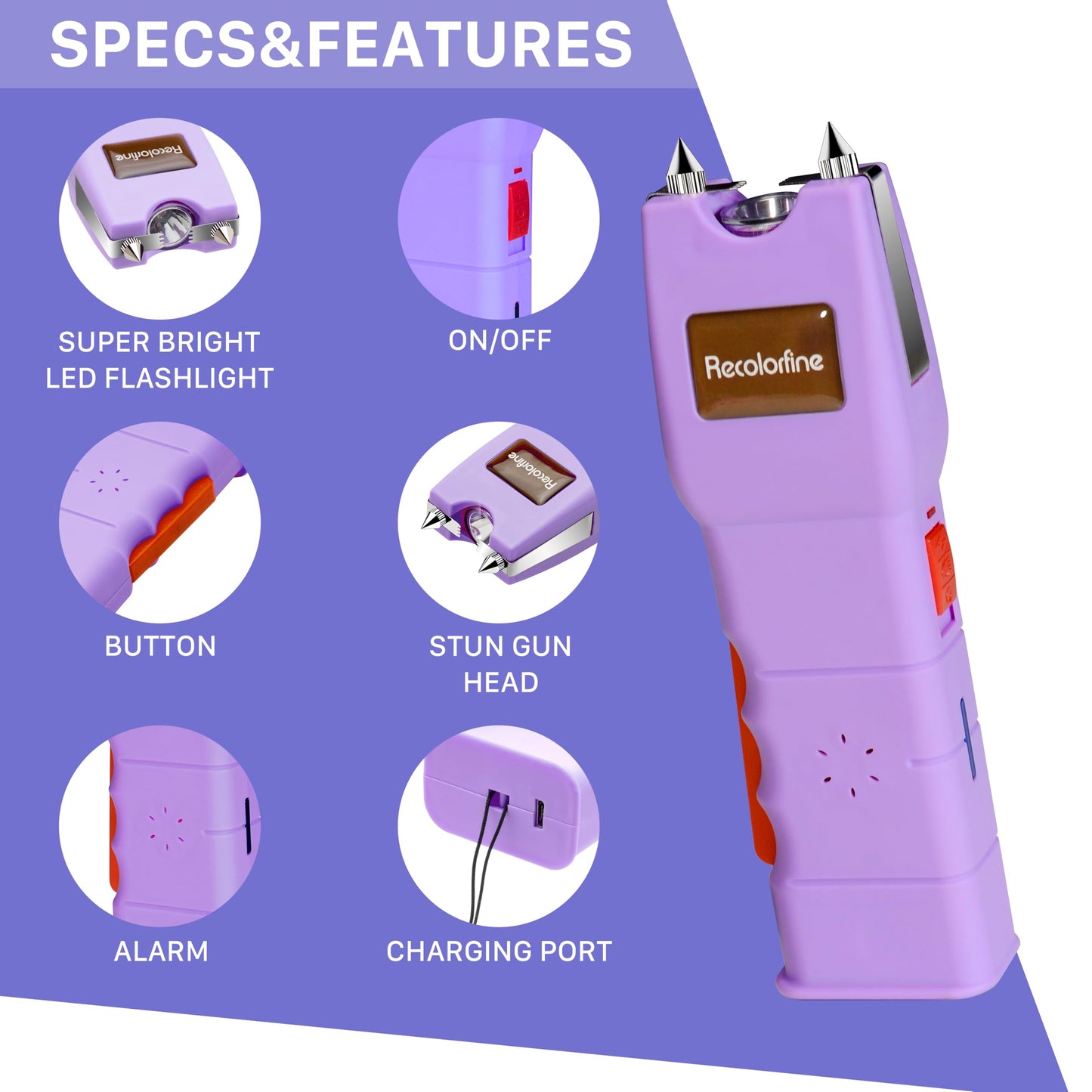 Stun Gun with LED Flashlight for Women Self Defense Rechargeable Stun Guns with Safety Switch (Purple)