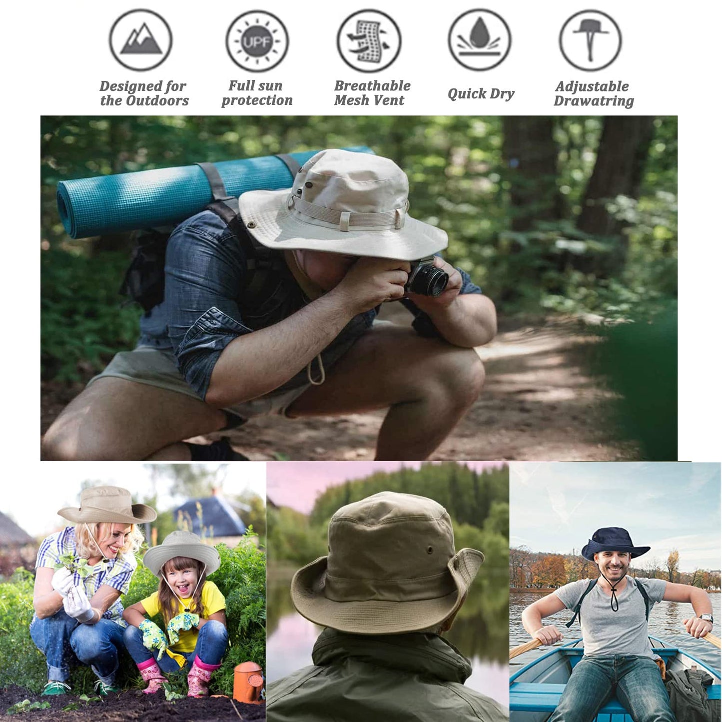 Favuit Sun Hats for Men Women, Fishing Hat UV Protection Wide Brim Bucket Hats Breathable Foldable Boonie Hat for Outdoor Hiking Camping Safari Travel Beach Sports (Beige)