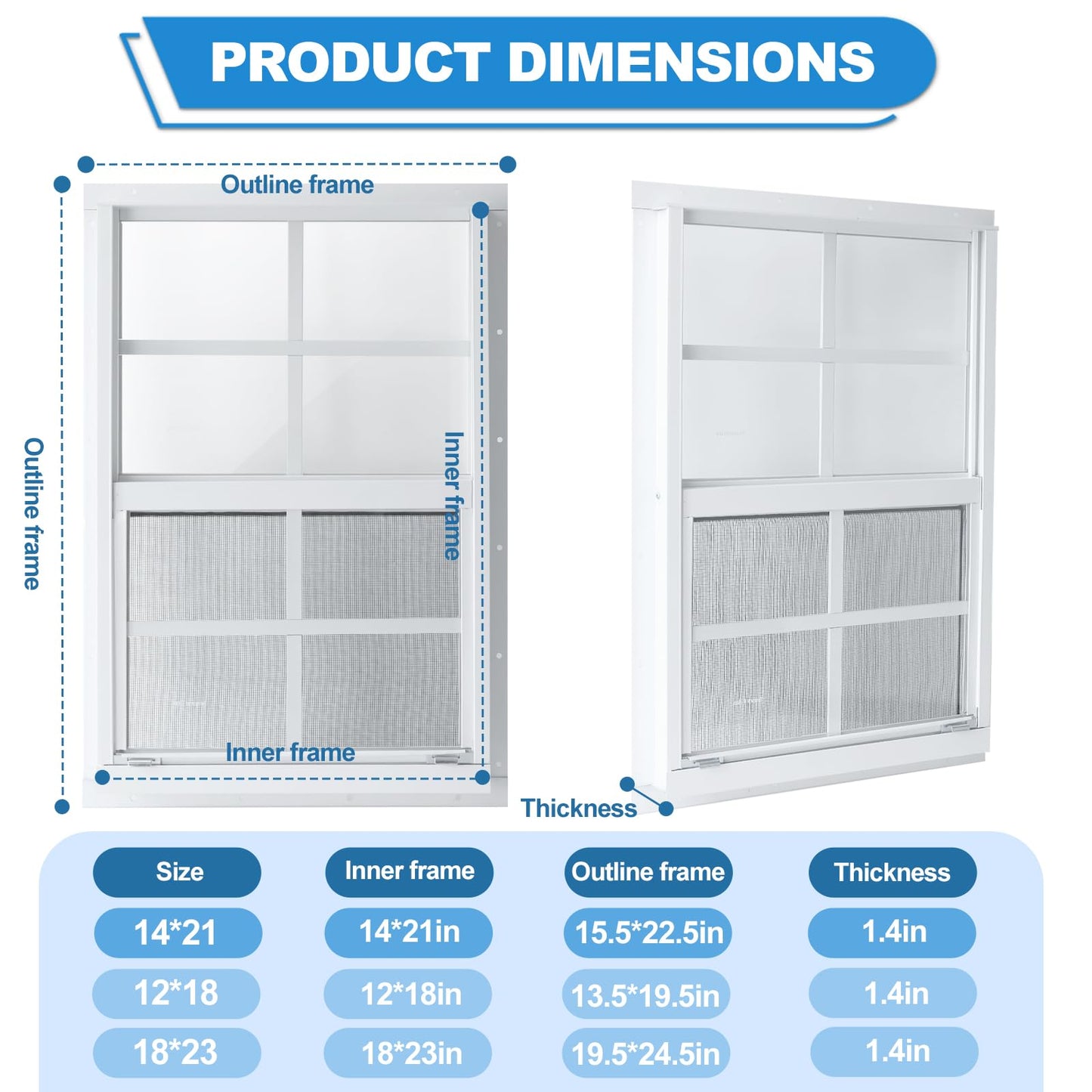 2 Pack 14"x21" Sliding Shed Windows, Chicken Coop Windows - White Flush Mount w/Removable Screen & Tempered Glass, Small Windows Suitable for Coops, Garages, Playhouses, Trailers
